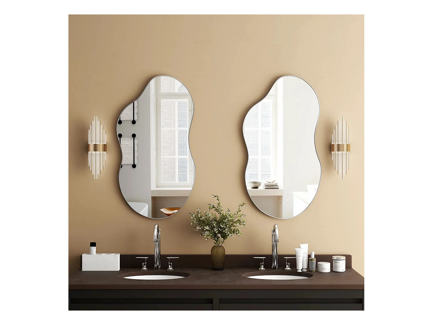 Espejo de pared asimétrico, marco de metal, diseño moderno, cristal y MDF, color plata (110x2x54,5 cm)