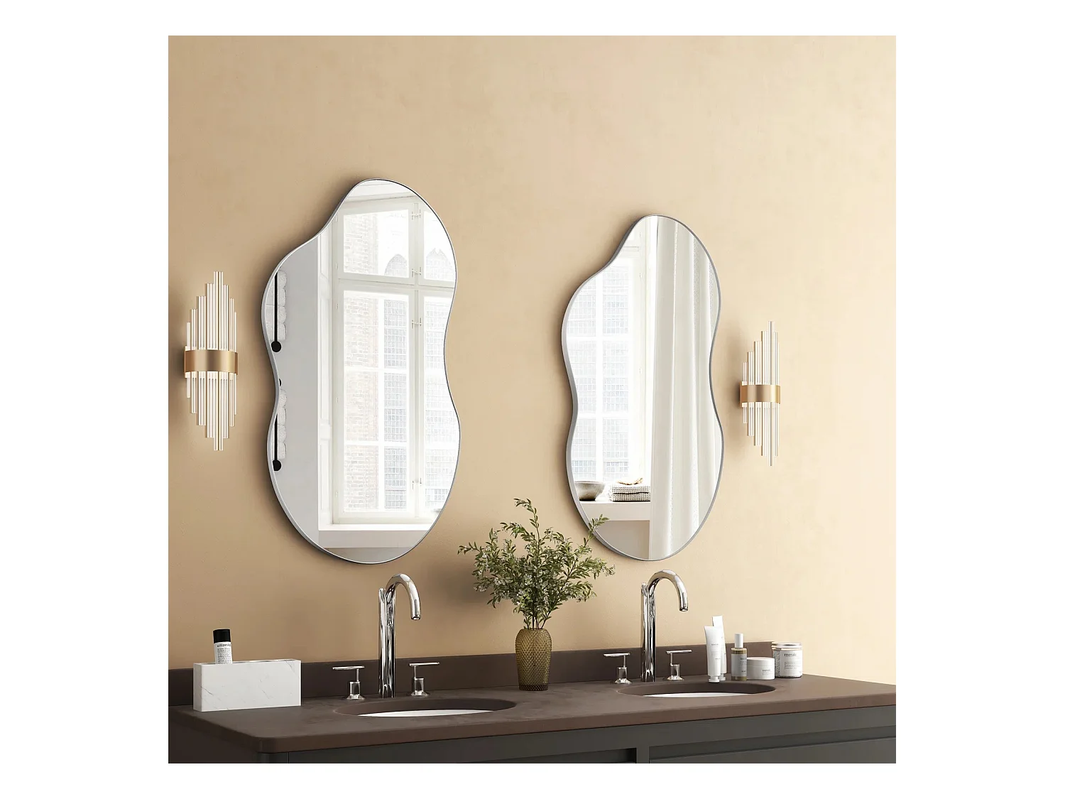 Espejo de pared asimétrico, marco de metal, diseño moderno, cristal y MDF, color plata (110x2x54,5 cm)