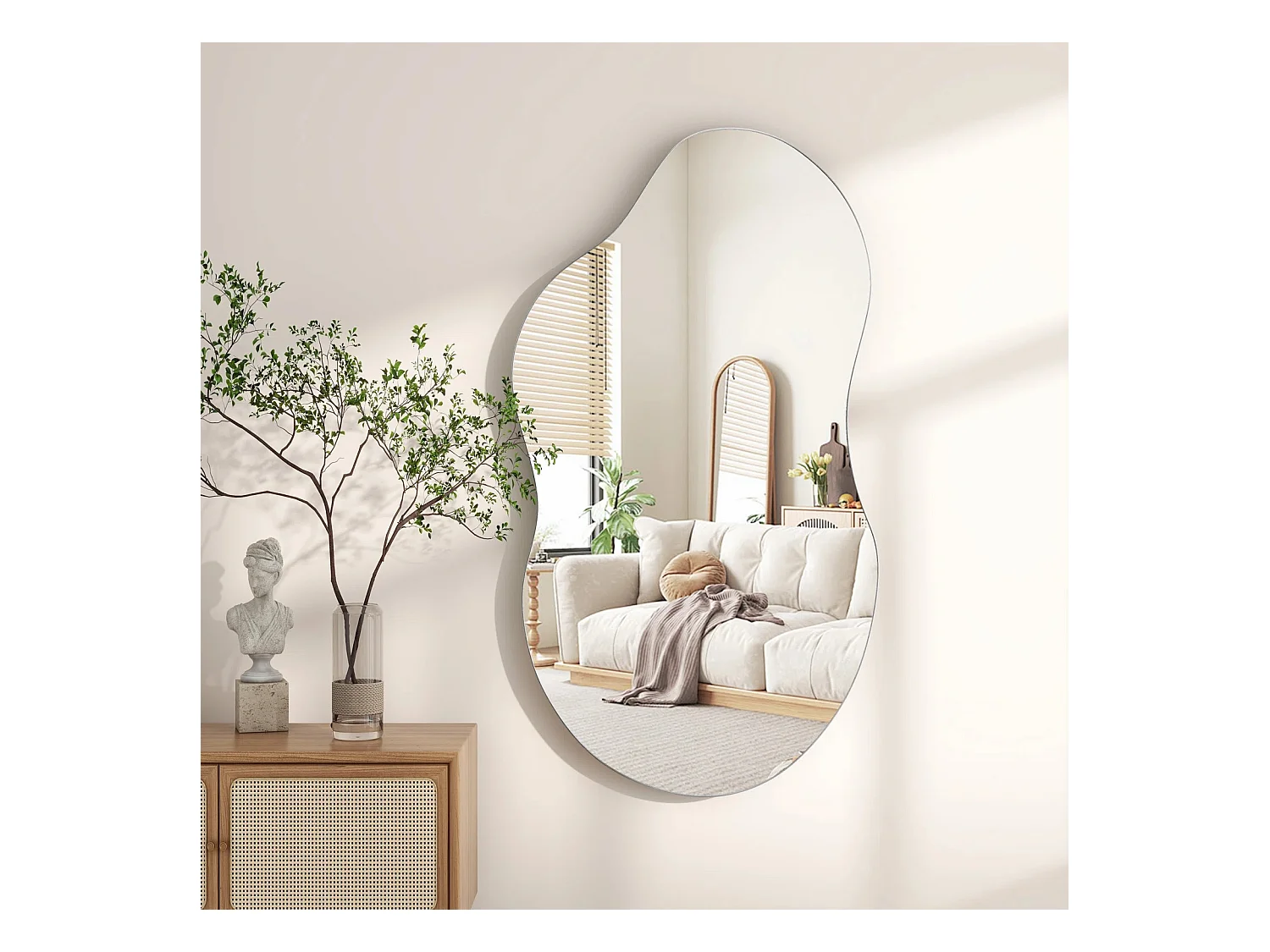 Miroir mural asymétrique, cadre en métal, design moderne, verre et MDF, argenté (110x2x54.5 cm)