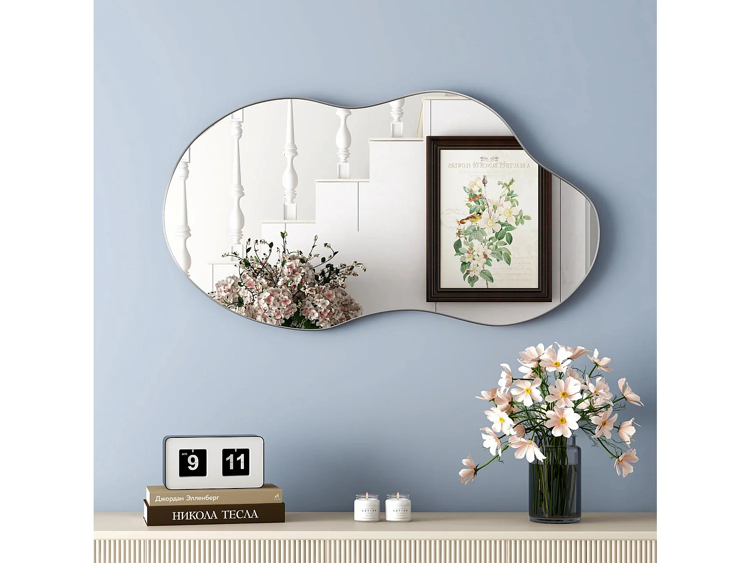 Miroir mural asymétrique, cadre en métal, design moderne, verre et MDF, argenté (110x2x54.5 cm)