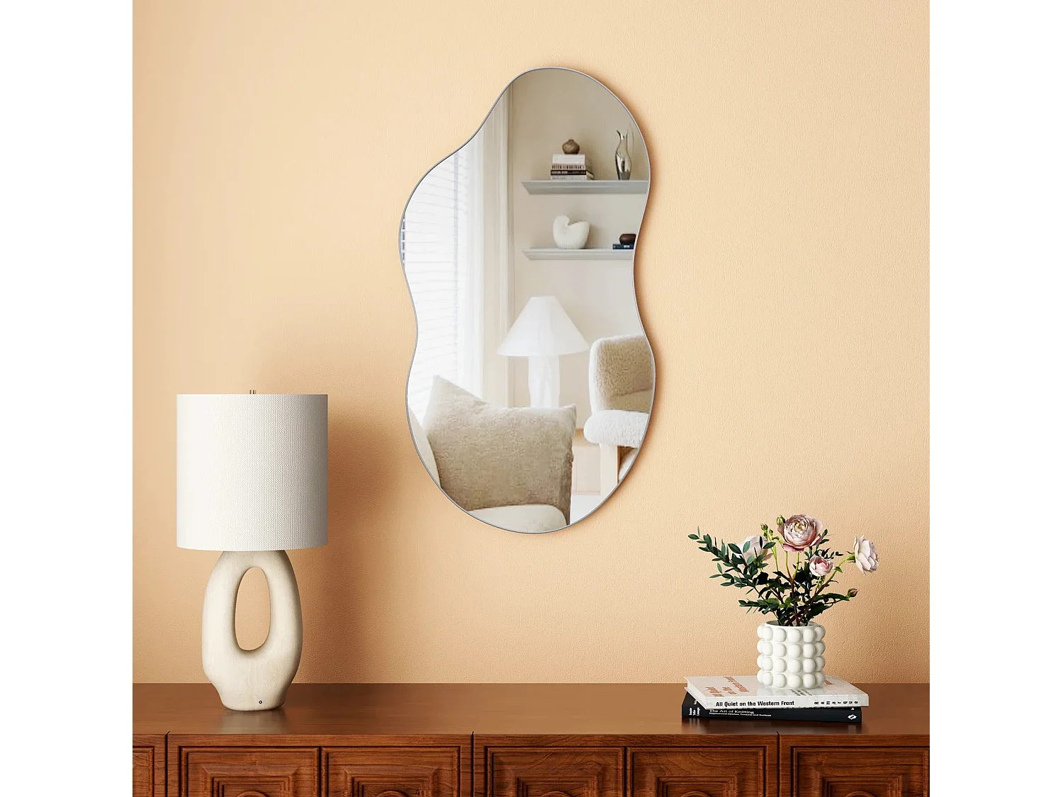 Miroir mural asymétrique, cadre en métal, design moderne, verre et MDF, argenté (110x2x54.5 cm)