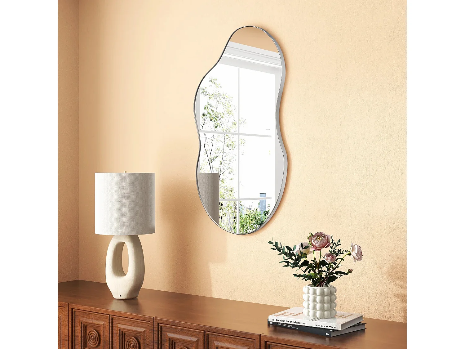 Miroir mural asymétrique, cadre en métal, design moderne, verre et MDF, argenté (110x2x54.5 cm)