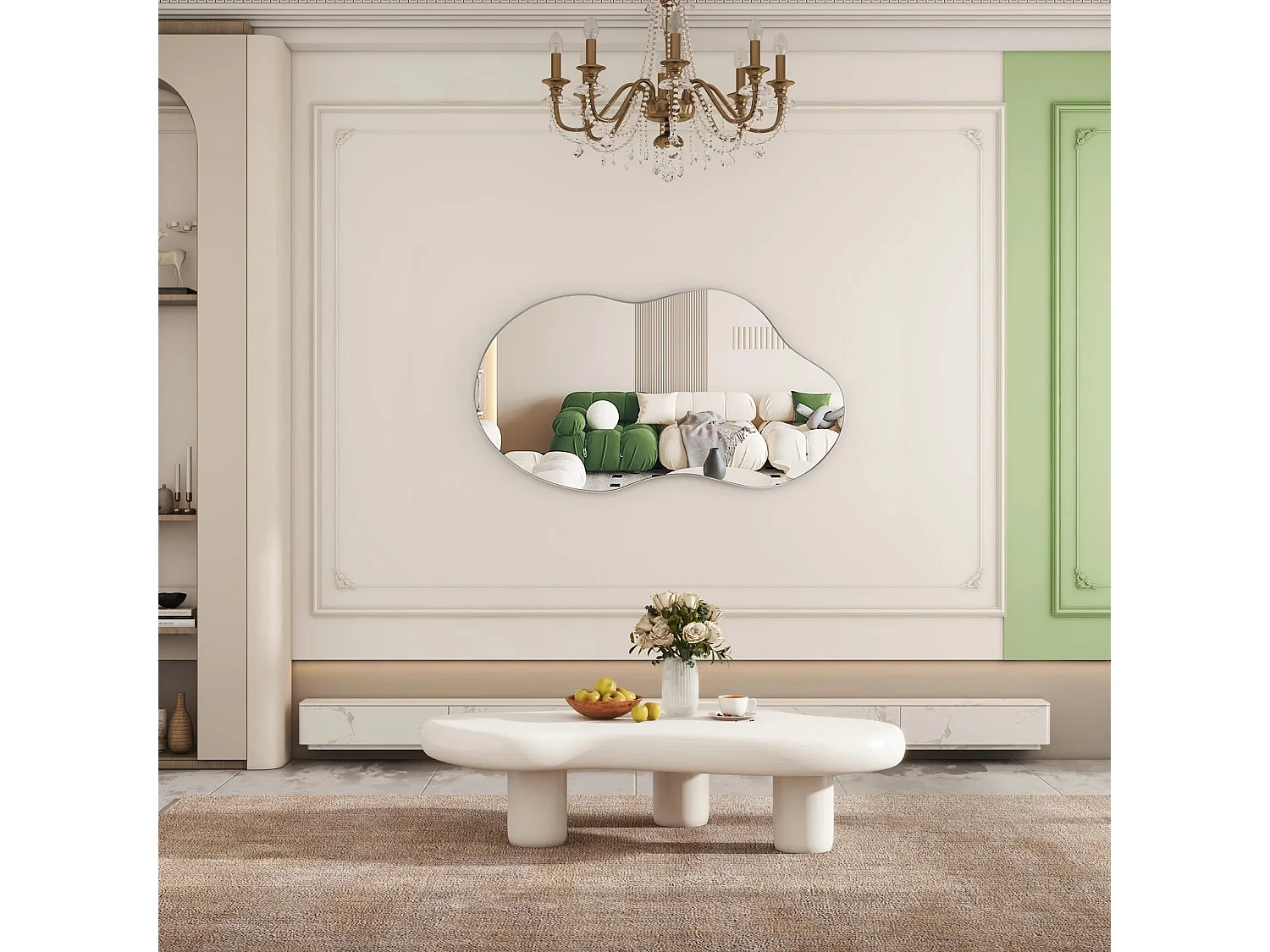 Miroir mural asymétrique, cadre en métal, design moderne, verre et MDF, argenté (110x2x54.5 cm)