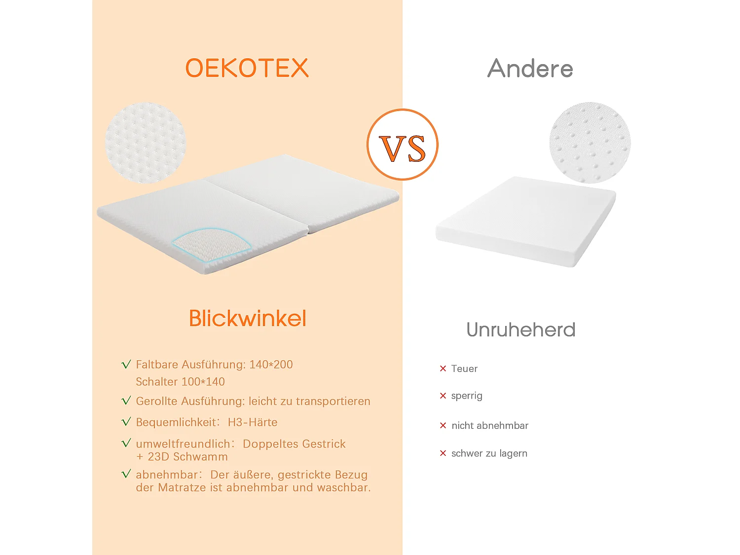 Opvouwbaar matras, honingraatstof, Oeko-Tex gecertificeerd, ergonomisch, ademend en duurzaam, compressie verpakt, 23D schuim, wit (140x200x10 cm)