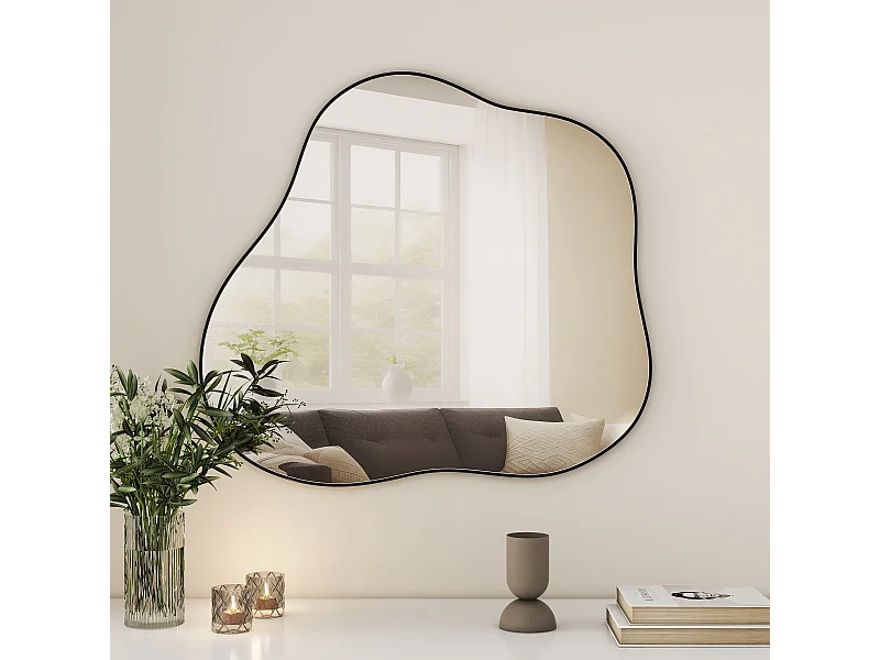 Specchio decorativo da parete in metallo, forma irregolare a nuvola, vetro e metallo, nero (73x2x81 cm)