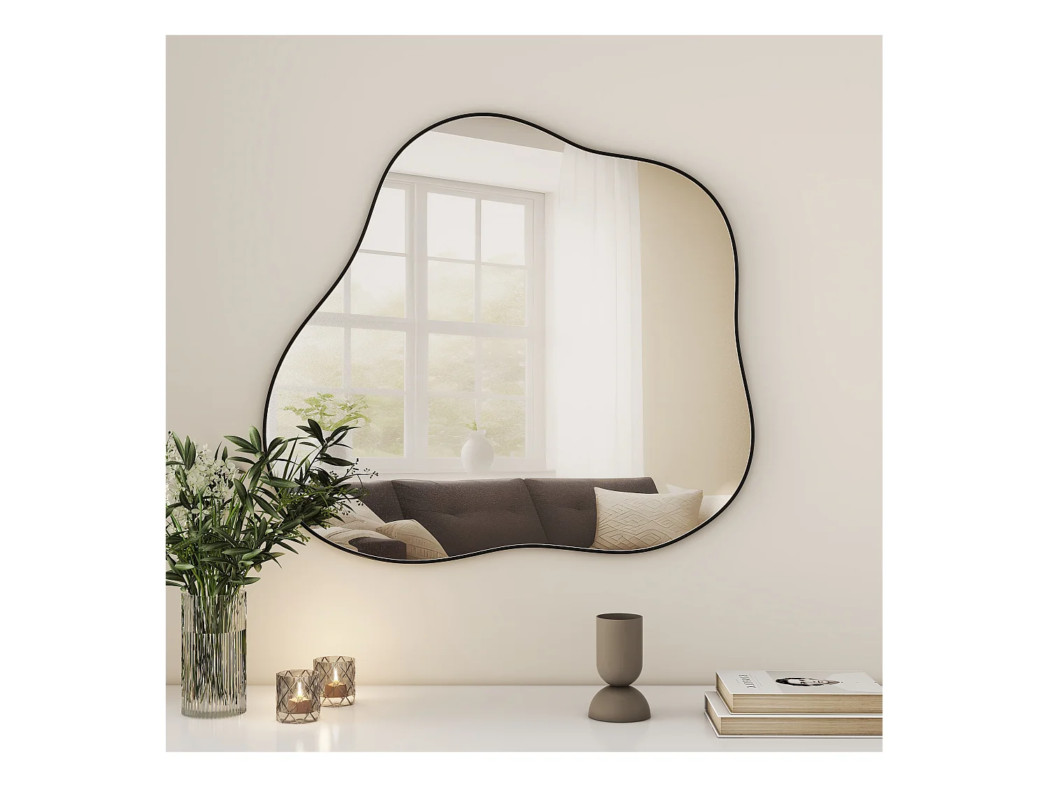 Miroir décoratif mural en métal, forme nuage irrégulière, verre et métal, noir (73x2x81 cm)