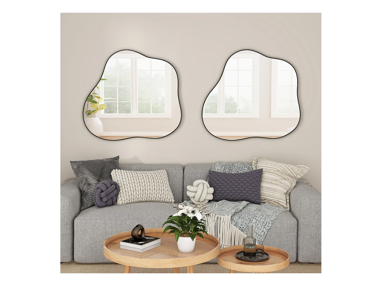 Miroir décoratif mural en métal, forme nuage irrégulière, verre et métal, noir (73x2x81 cm)