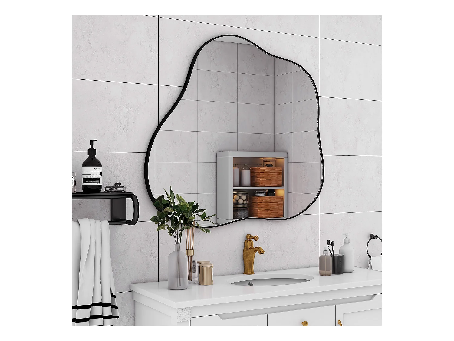 Miroir décoratif mural en métal, forme nuage irrégulière, verre et métal, noir (73x2x81 cm)