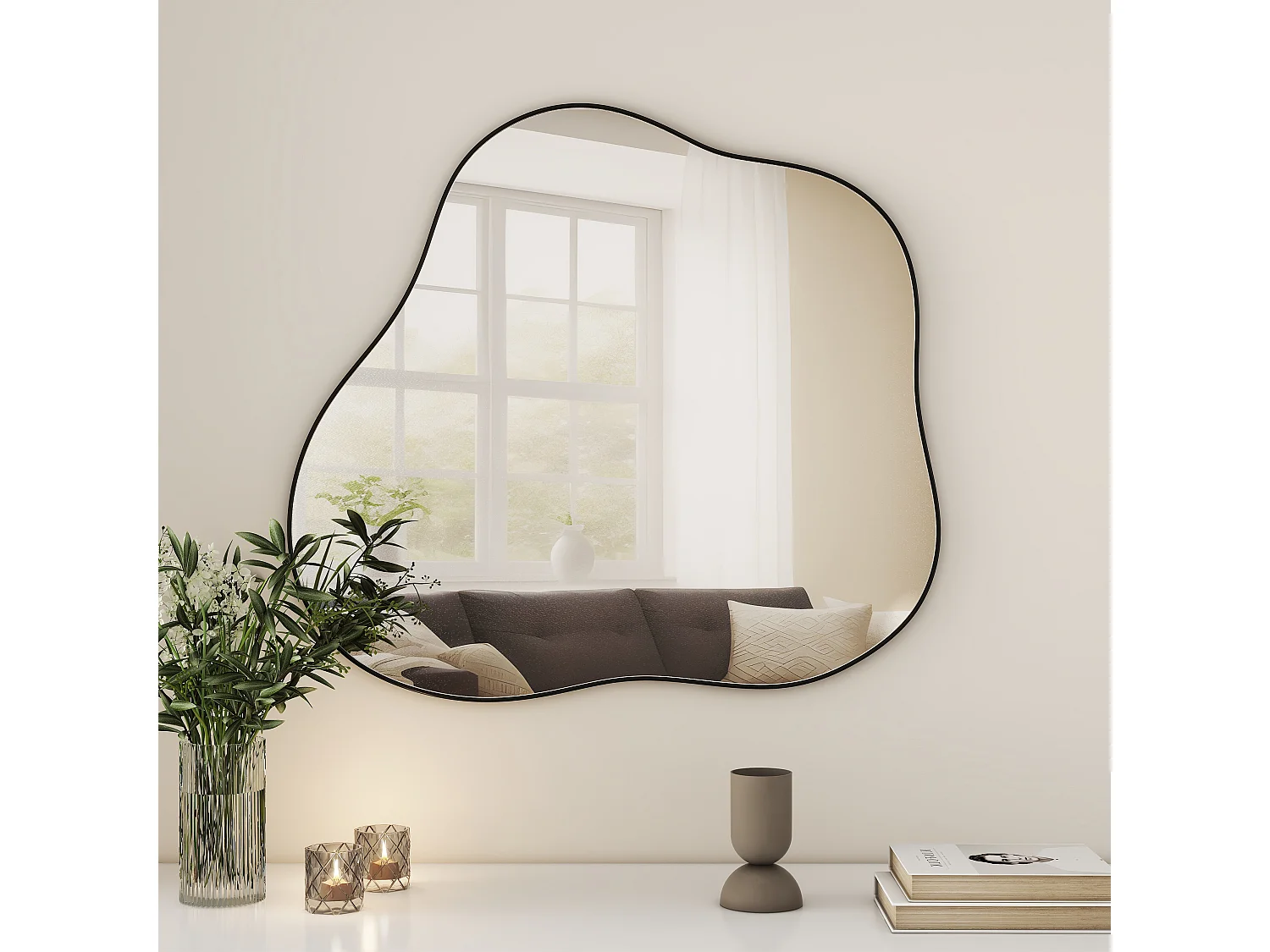 Miroir décoratif mural en métal, forme nuage irrégulière, verre et métal, noir (73x2x81 cm)