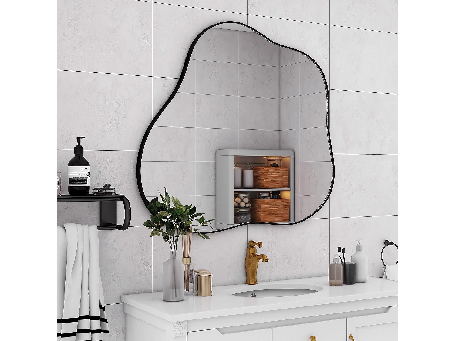 Miroir décoratif mural en métal, forme nuage irrégulière, verre et métal, noir (73x2x81 cm)