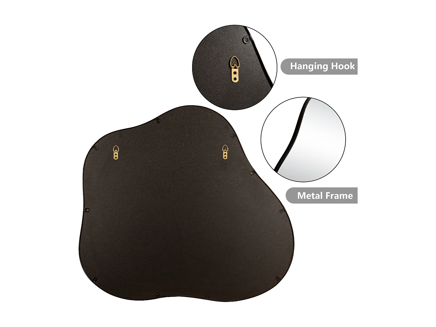 Miroir décoratif mural en métal, forme nuage irrégulière, verre et métal, noir (73x2x81 cm)