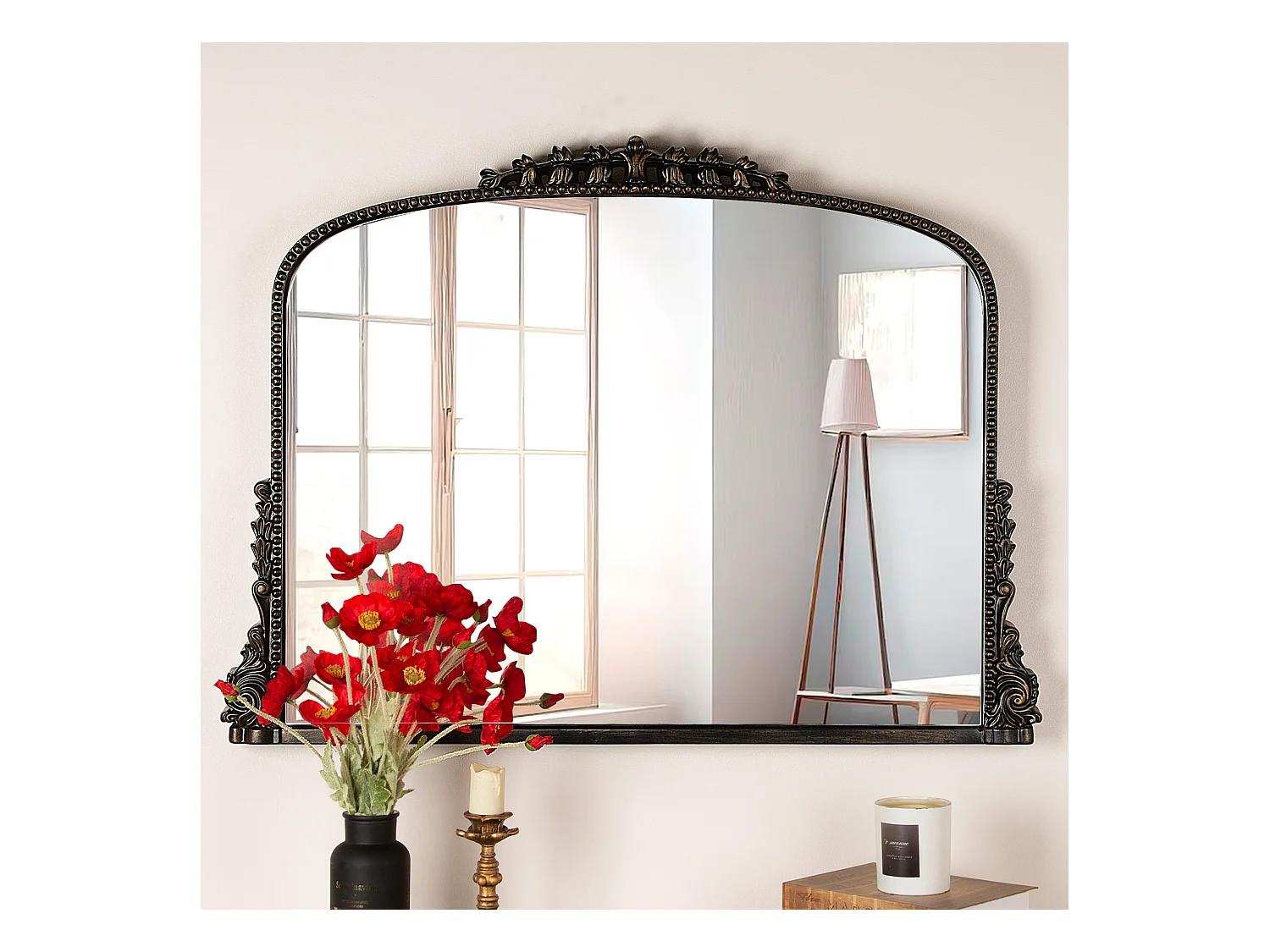 Specchio da parete ad arco vintage, cornice in resina decorata, design barocco, nero (89x5,2x65,8 cm)