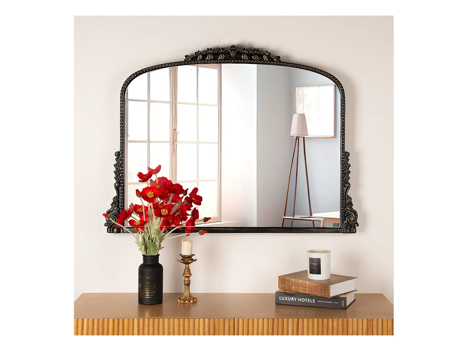 Specchio da parete ad arco vintage, cornice in resina decorata, design barocco, nero (89x5,2x65,8 cm)