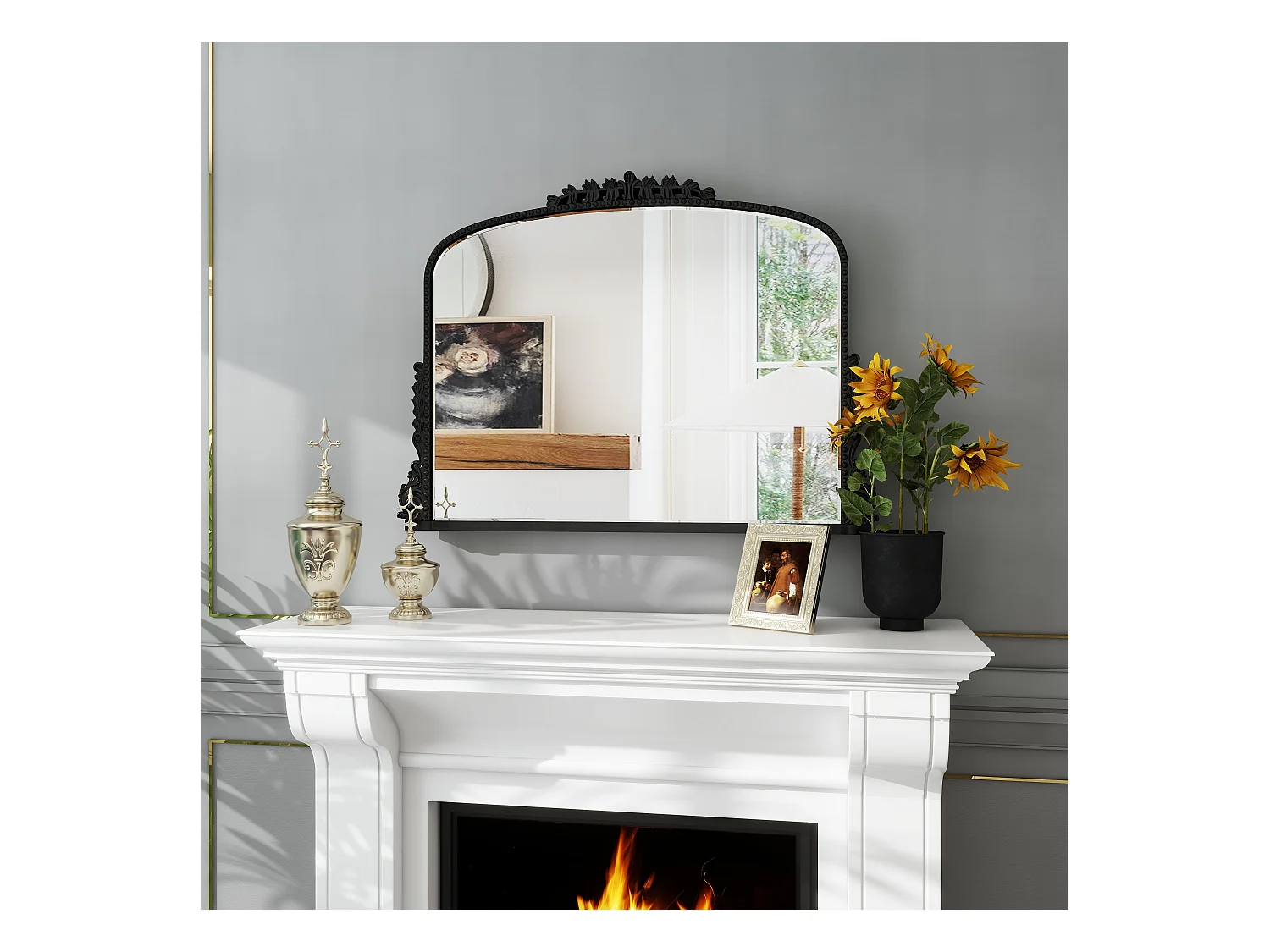 Specchio da parete ad arco vintage, cornice in resina decorata, design barocco, nero (89x5,2x65,8 cm)