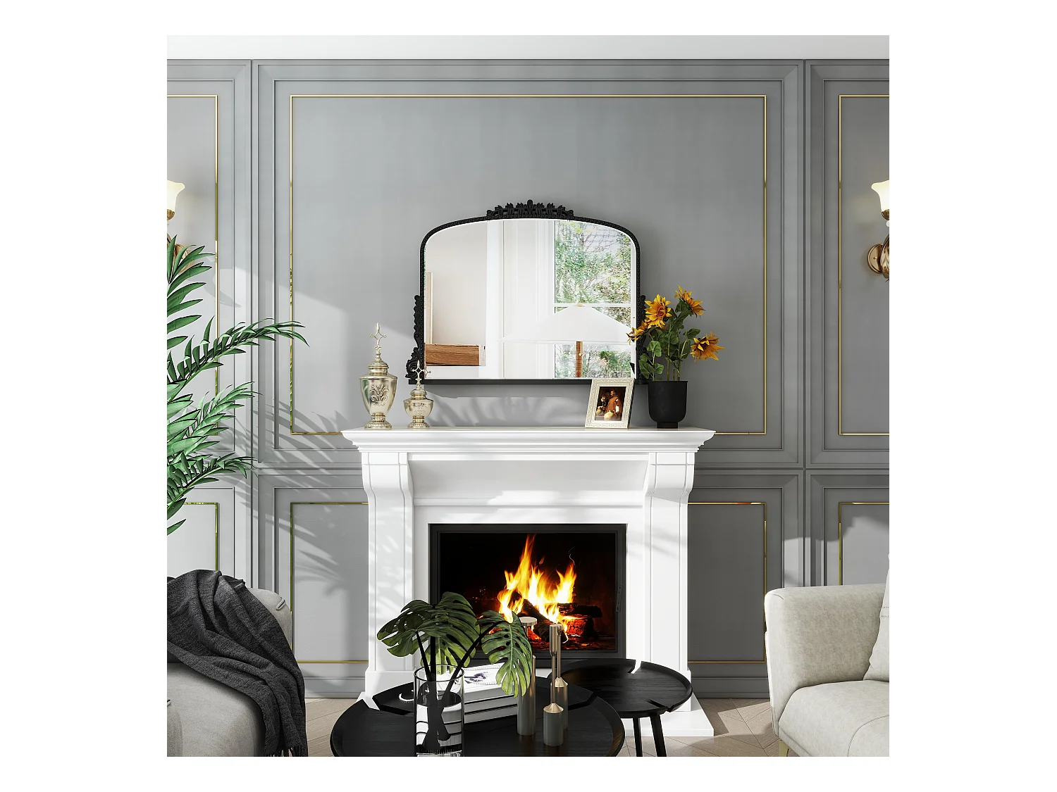 Specchio da parete ad arco vintage, cornice in resina decorata, design barocco, nero (89x5,2x65,8 cm)