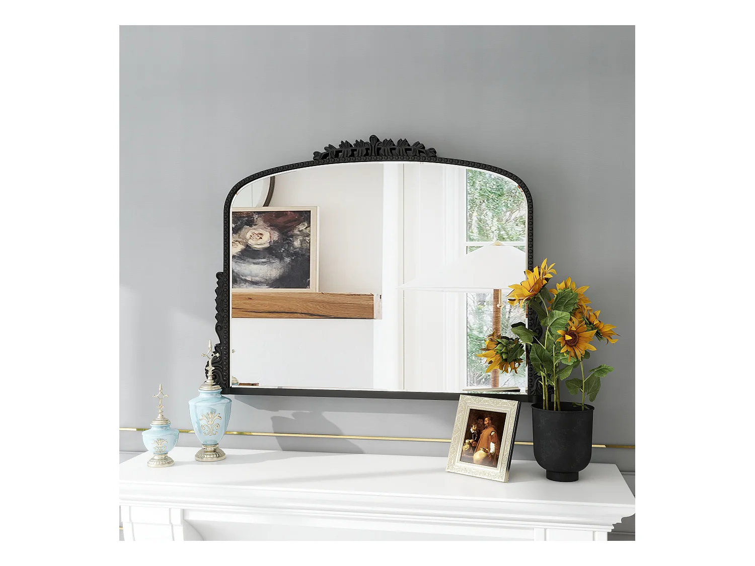 Specchio da parete ad arco vintage, cornice in resina decorata, design barocco, nero (89x5,2x65,8 cm)