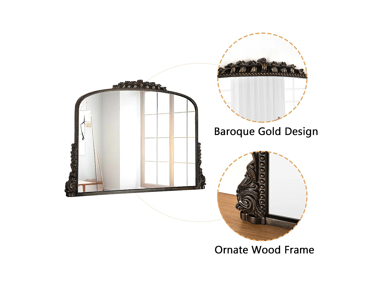 Specchio da parete ad arco vintage, cornice in resina decorata, design barocco, nero (89x5,2x65,8 cm)