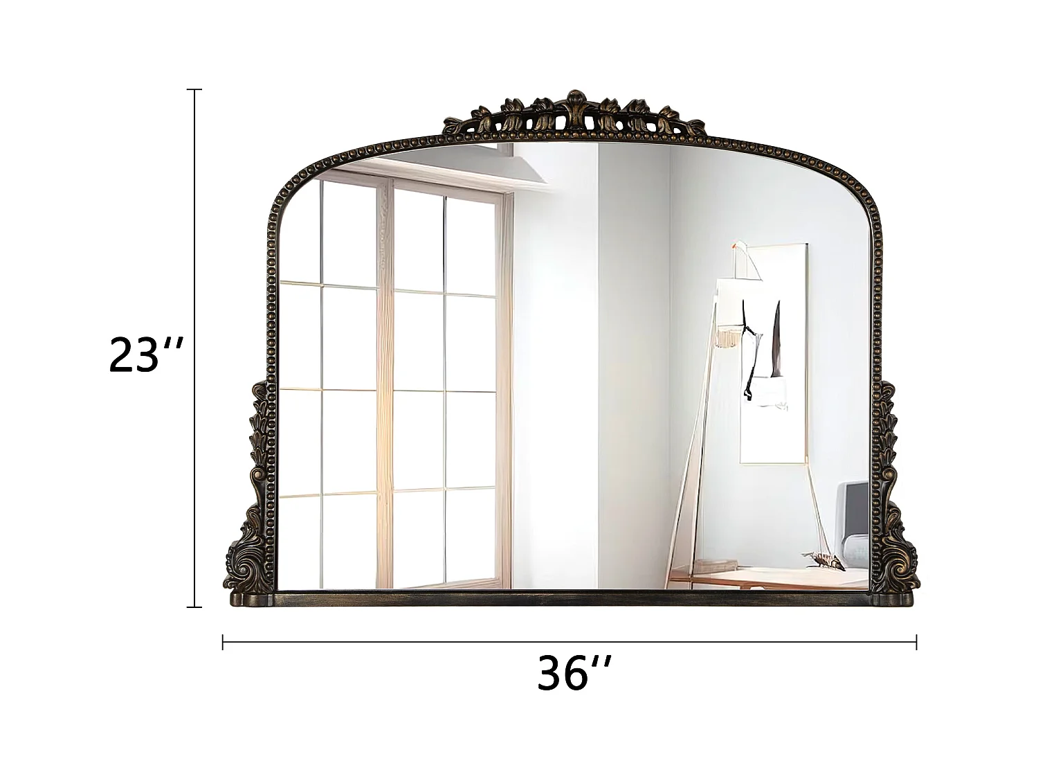 Specchio da parete ad arco vintage, cornice in resina decorata, design barocco, nero (89x5,2x65,8 cm)