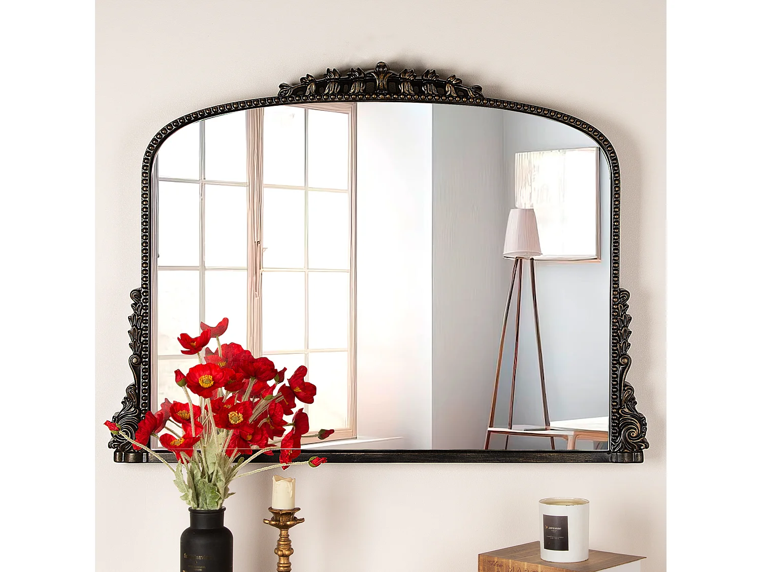 Espejo de pared arqueado vintage, marco de resina ornamentada, diseño barroco, negro (89 x 5,2 x 65,8 cm)