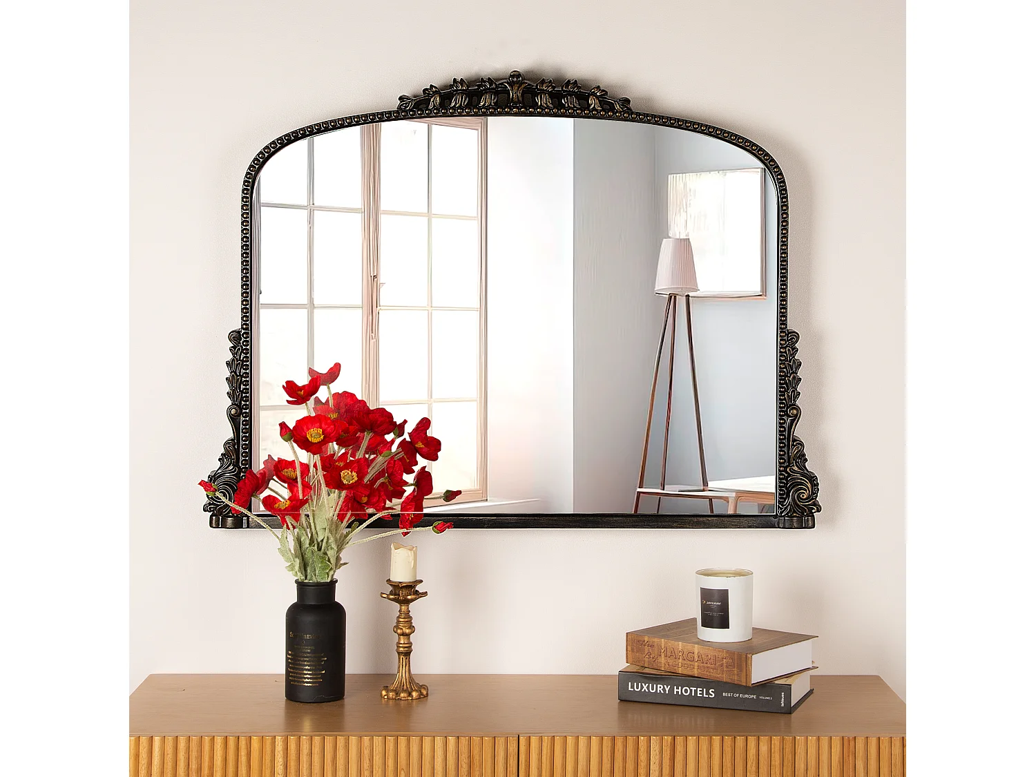 Espejo de pared arqueado vintage, marco de resina ornamentada, diseño barroco, negro (89 x 5,2 x 65,8 cm)