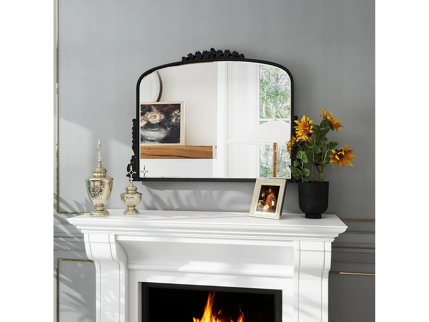 Espejo de pared arqueado vintage, marco de resina ornamentada, diseño barroco, negro (89 x 5,2 x 65,8 cm)