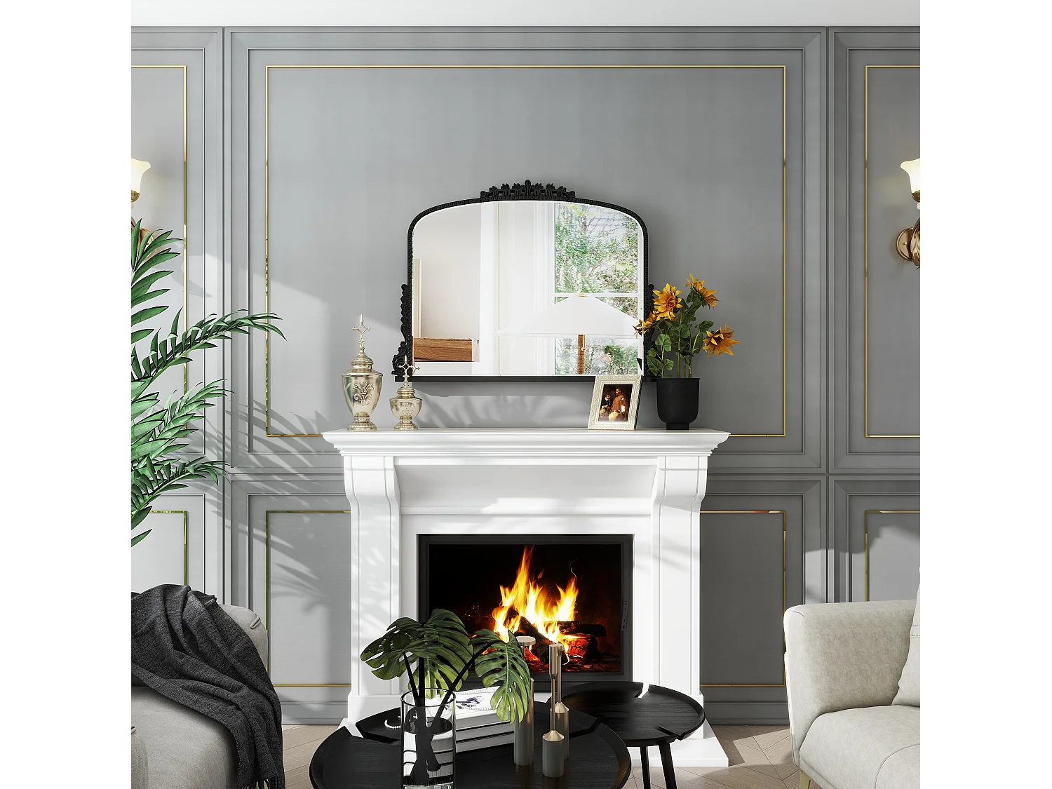 Espejo de pared arqueado vintage, marco de resina ornamentada, diseño barroco, negro (89 x 5,2 x 65,8 cm)