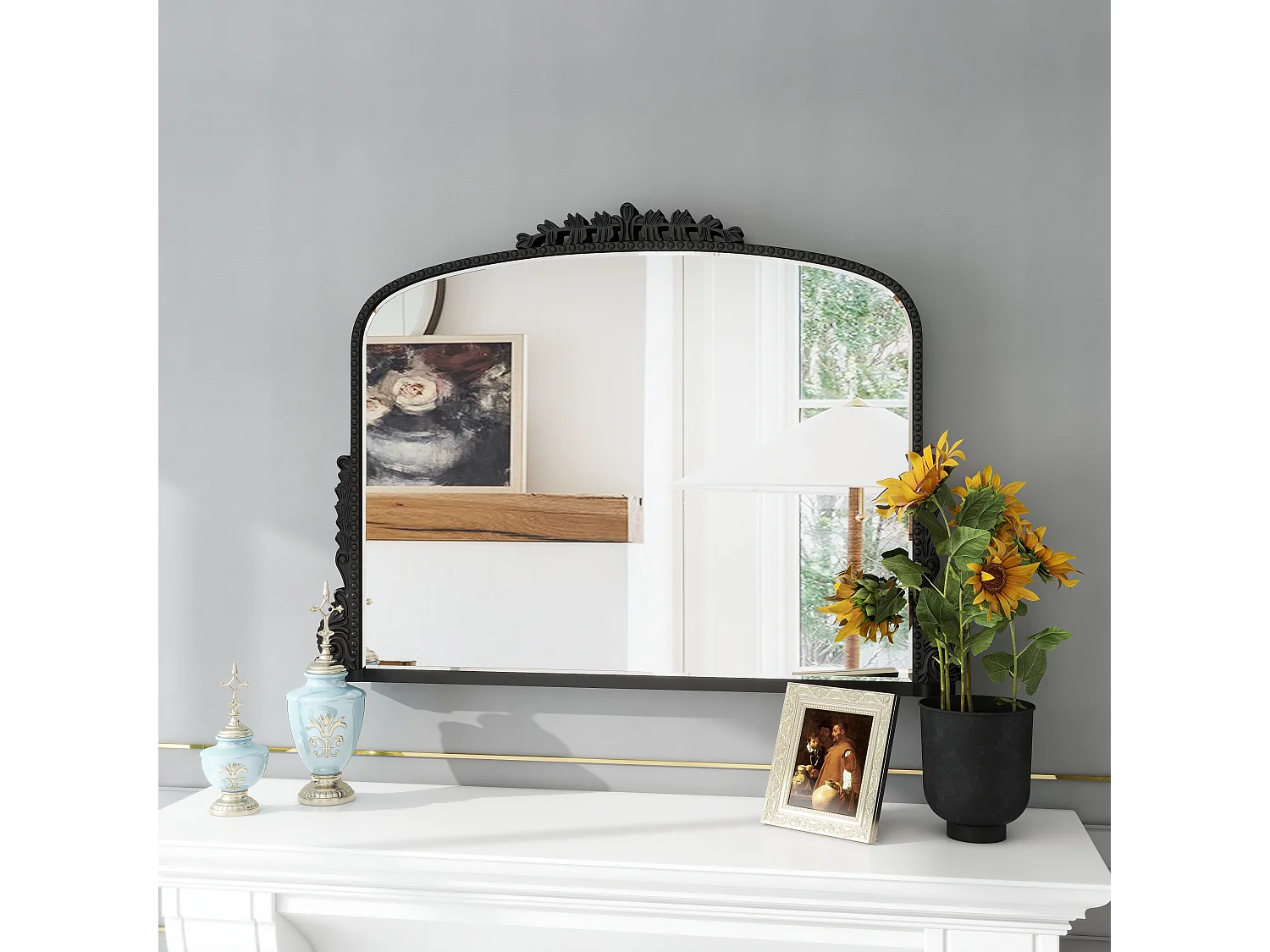 Espejo de pared arqueado vintage, marco de resina ornamentada, diseño barroco, negro (89 x 5,2 x 65,8 cm)