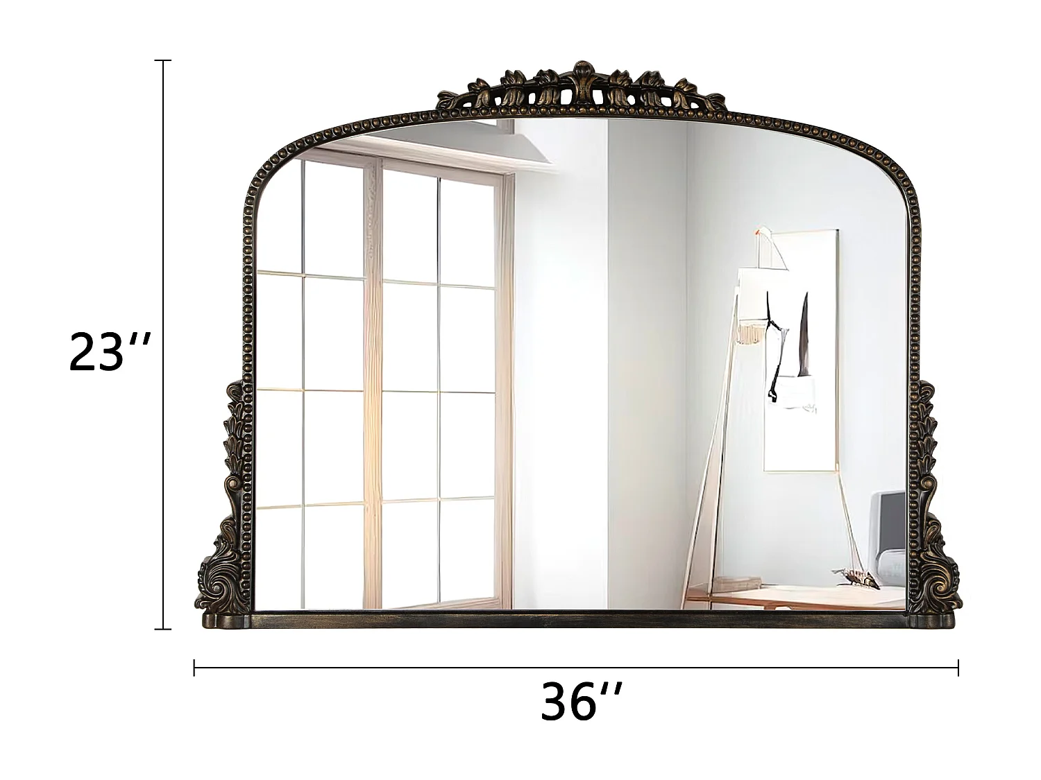 Espejo de pared arqueado vintage, marco de resina ornamentada, diseño barroco, negro (89 x 5,2 x 65,8 cm)