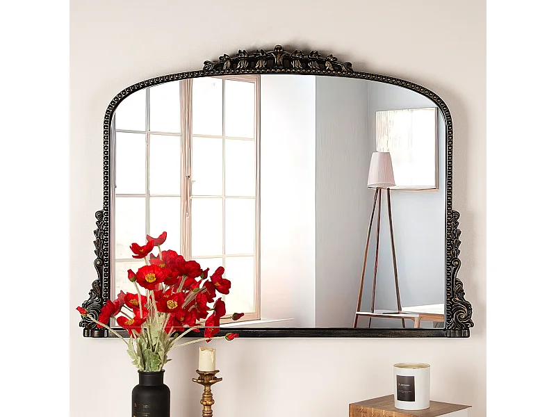 Espejo de pared arqueado vintage, marco de resina ornamentada, diseño barroco, negro (89 x 5,2 x 65,8 cm)