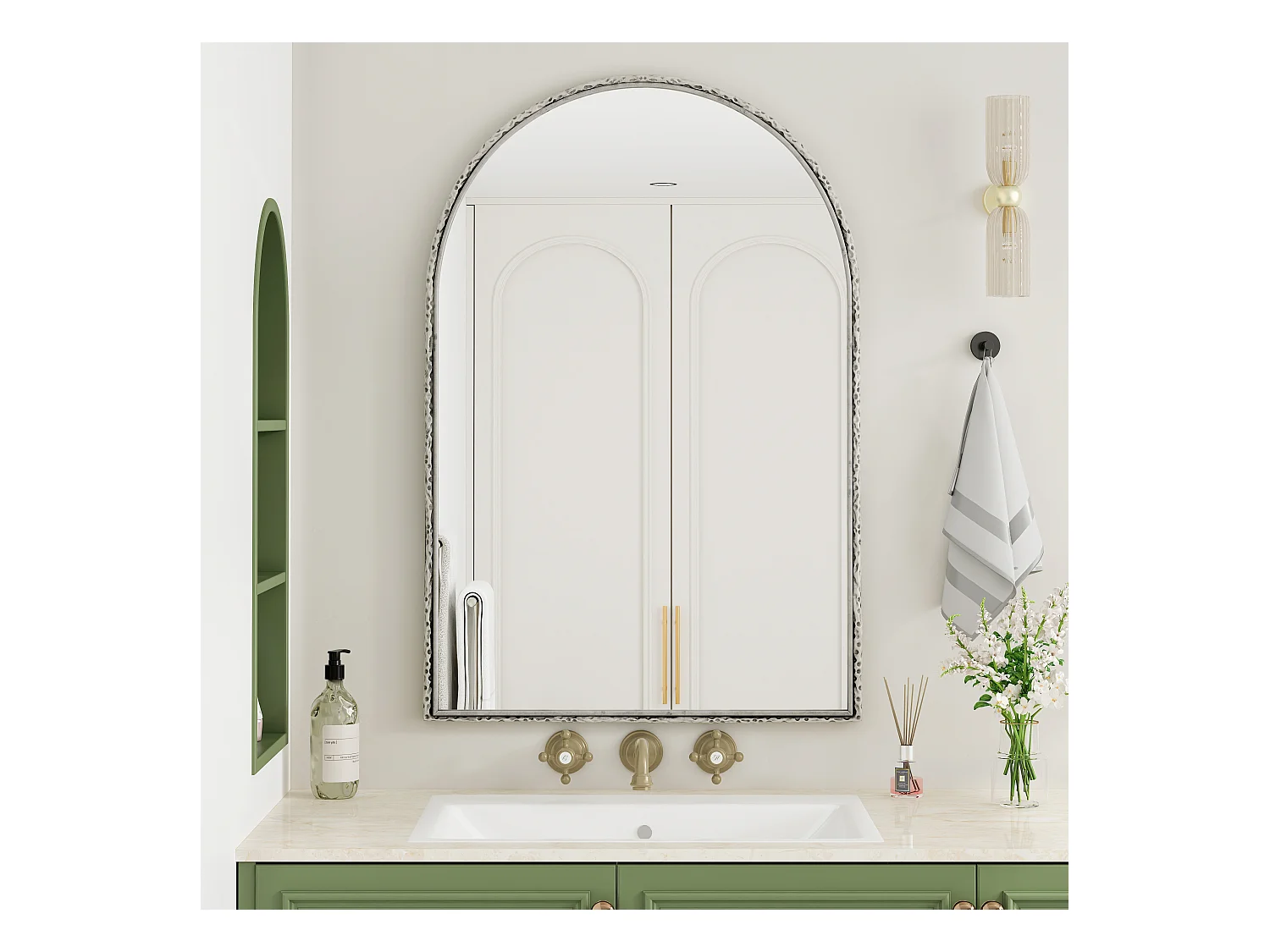 Miroir Arqué, Miroir de Mur avec Cadre en Fer, Verre, Argenté (65x2.5x91 cm)