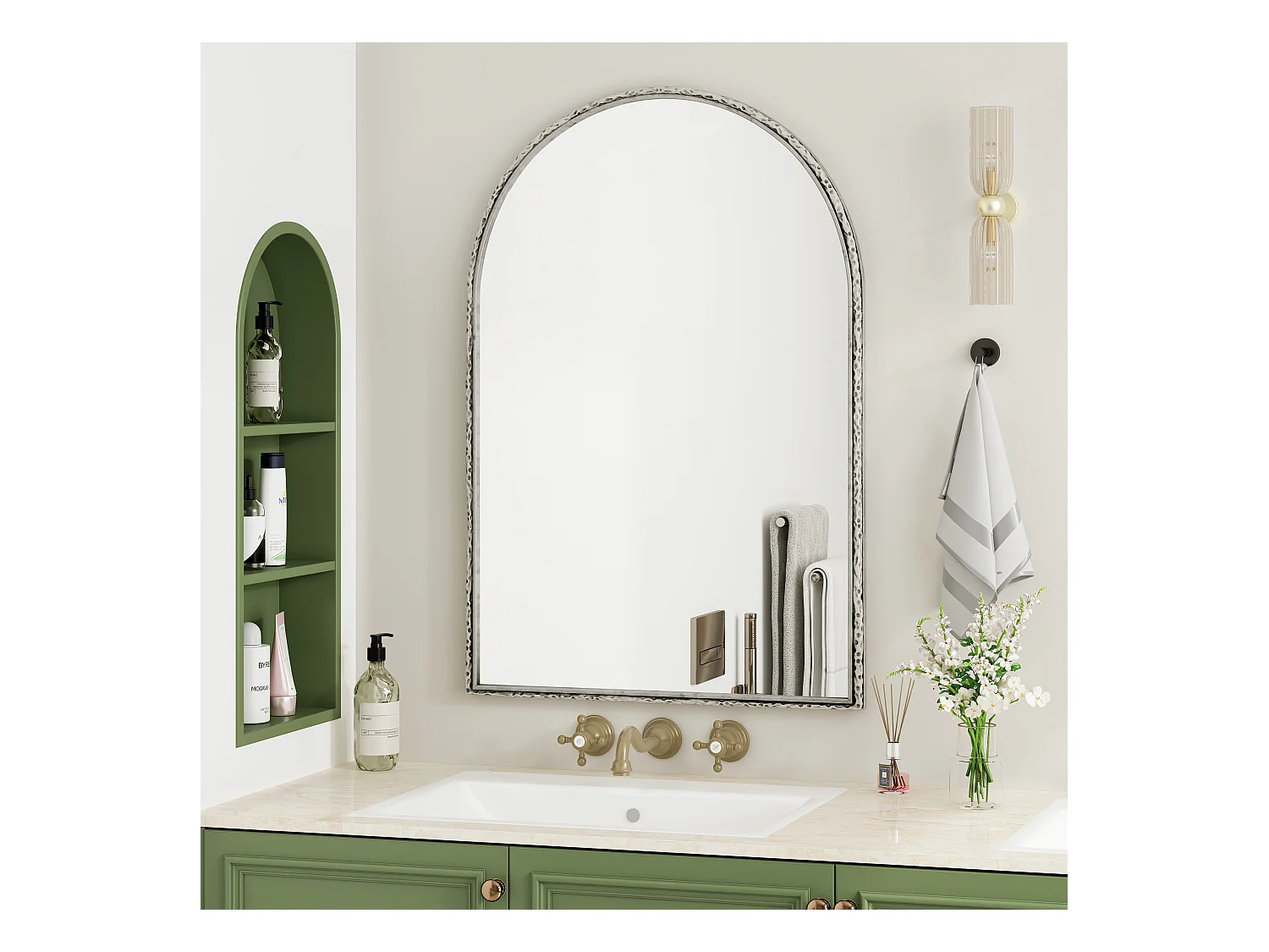 Miroir Arqué, Miroir de Mur avec Cadre en Fer, Verre, Argenté (65x2.5x91 cm)