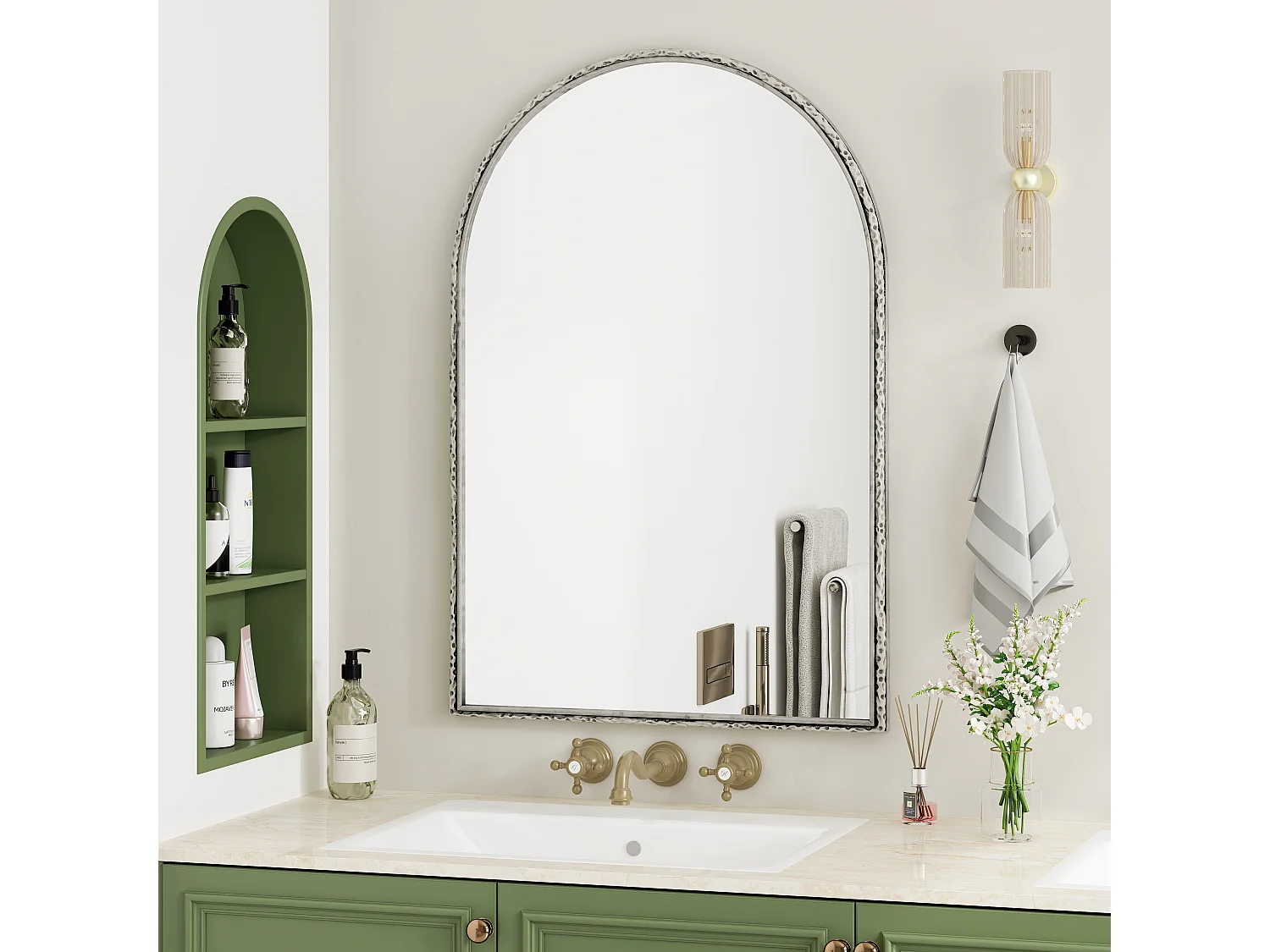 Miroir Arqué, Miroir de Mur avec Cadre en Fer, Verre, Argenté (65x2.5x91 cm)