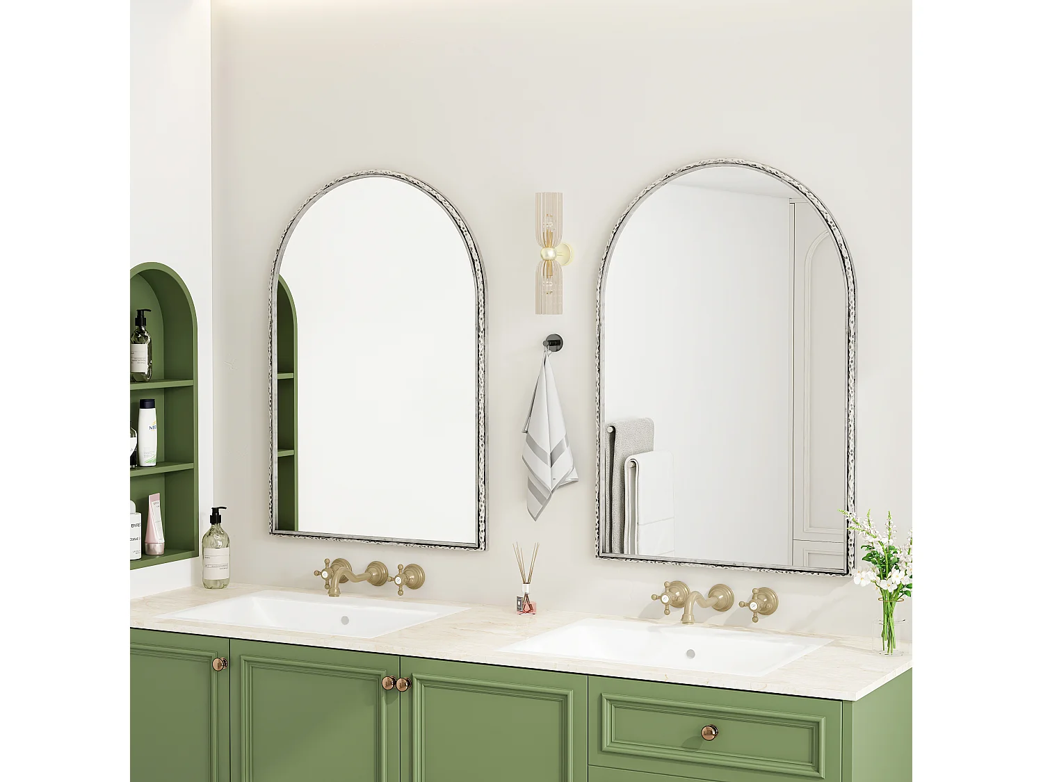 Miroir Arqué, Miroir de Mur avec Cadre en Fer, Verre, Argenté (65x2.5x91 cm)