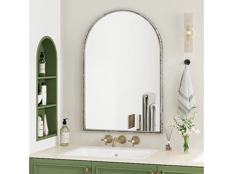 Miroir Arqué, Miroir de Mur avec Cadre en Fer, Verre, Argenté (65x2.5x91 cm)