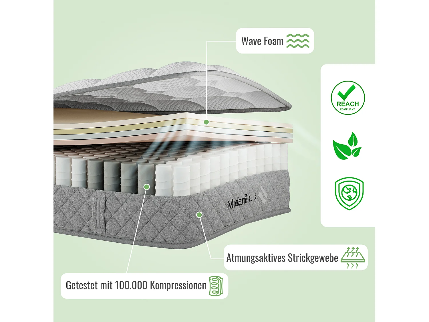 Orthopedisch matras 90x200 cm met 7-zone pocketvering, H3, koudschuim, OEKO-TEX® gecertificeerd (200x90x20 cm)