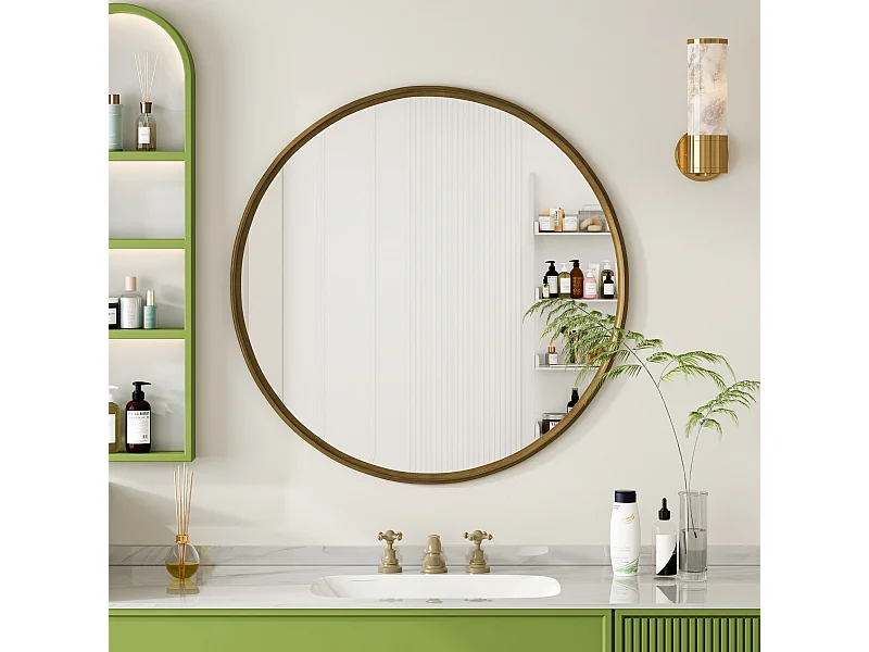 Ronde spiegel, wandspiegel met ijzeren frame, metaal, brons (80x80x2 cm)