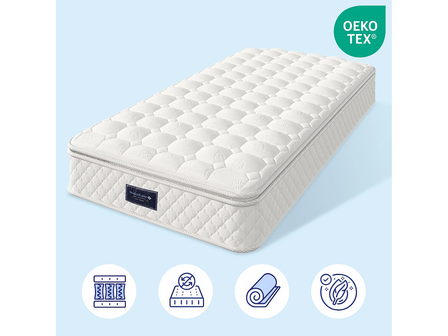 Materasso a molle insacchettate, 7 zone in schiuma fredda, 90x200cm, certificato Oeko-Tex, rivestimento in microfibra, prova 100 notti, rigidità H3, 25cm