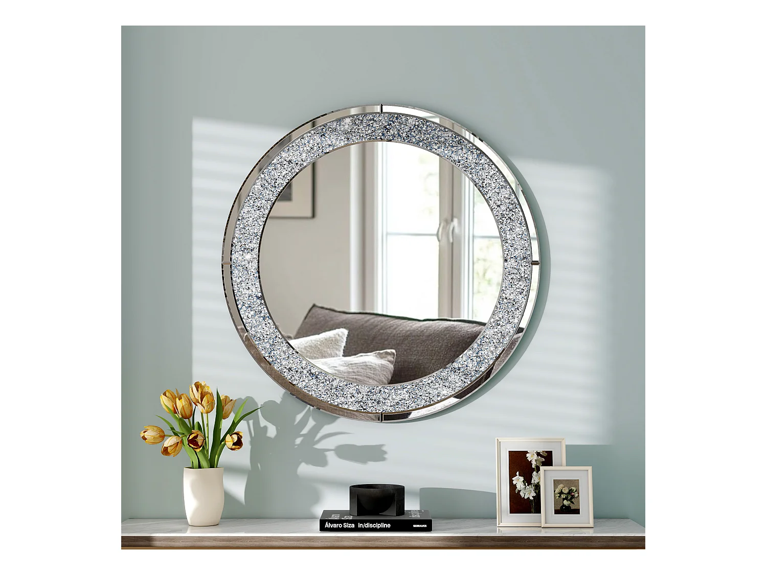 Espejo de pared redondo decorativo, marco de diamante triturado, MDF y cristal, color plata (80x2,8x80 cm)