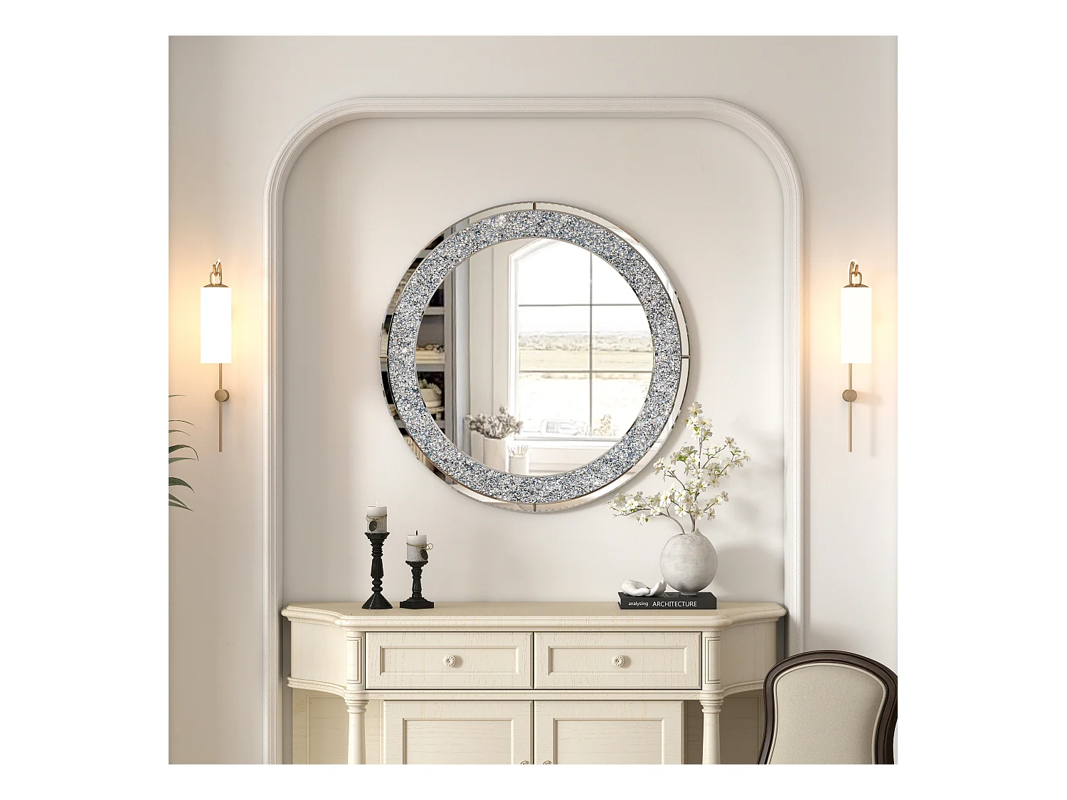 Espejo de pared redondo decorativo, marco de diamante triturado, MDF y cristal, color plata (80x2,8x80 cm)