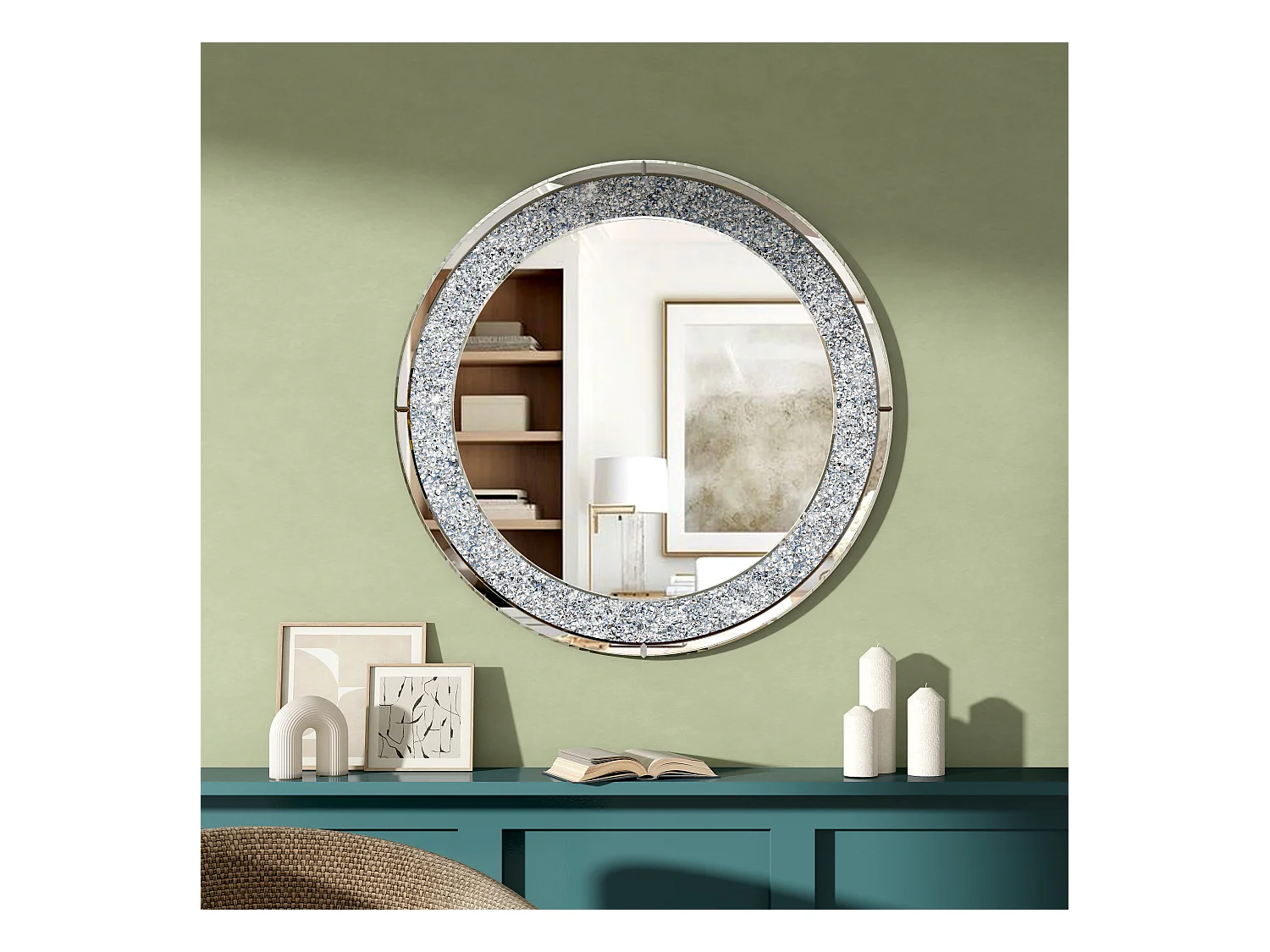 Espejo de pared redondo decorativo, marco de diamante triturado, MDF y cristal, color plata (80x2,8x80 cm)