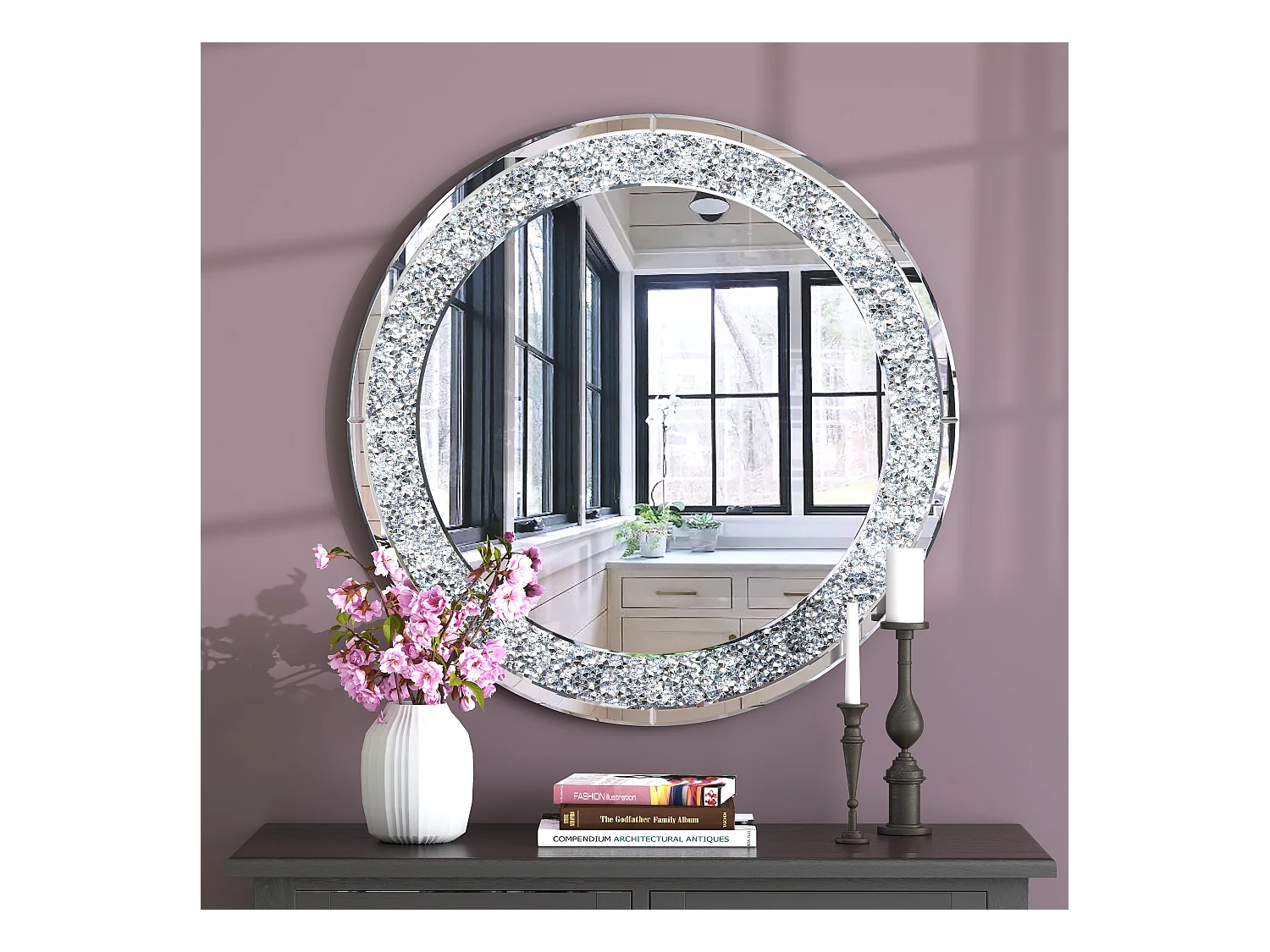 Espejo de pared redondo decorativo, marco de diamante triturado, MDF y cristal, color plata (80x2,8x80 cm)