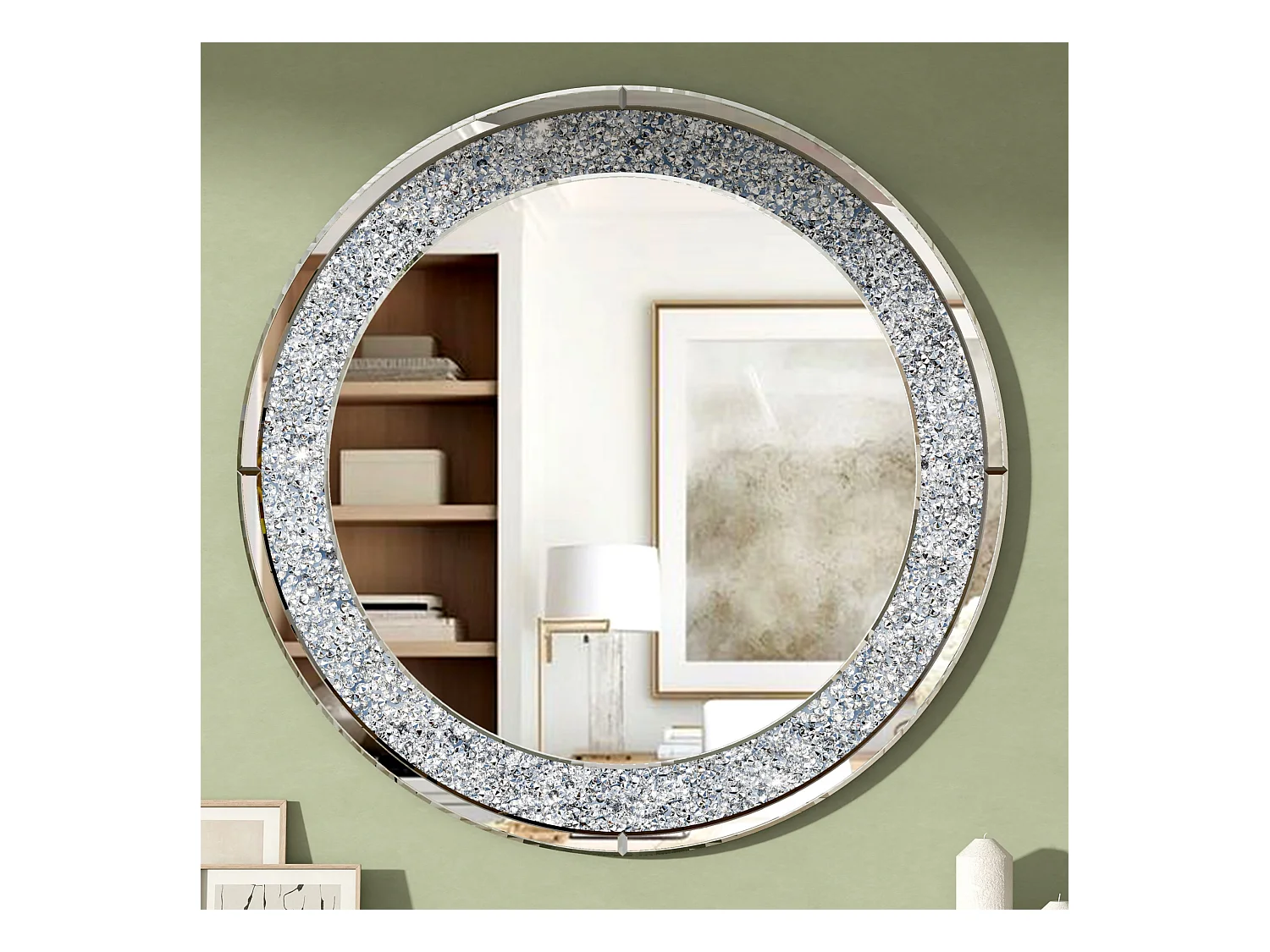 Espejo de pared redondo decorativo, marco de diamante triturado, MDF y cristal, color plata (80x2,8x80 cm)