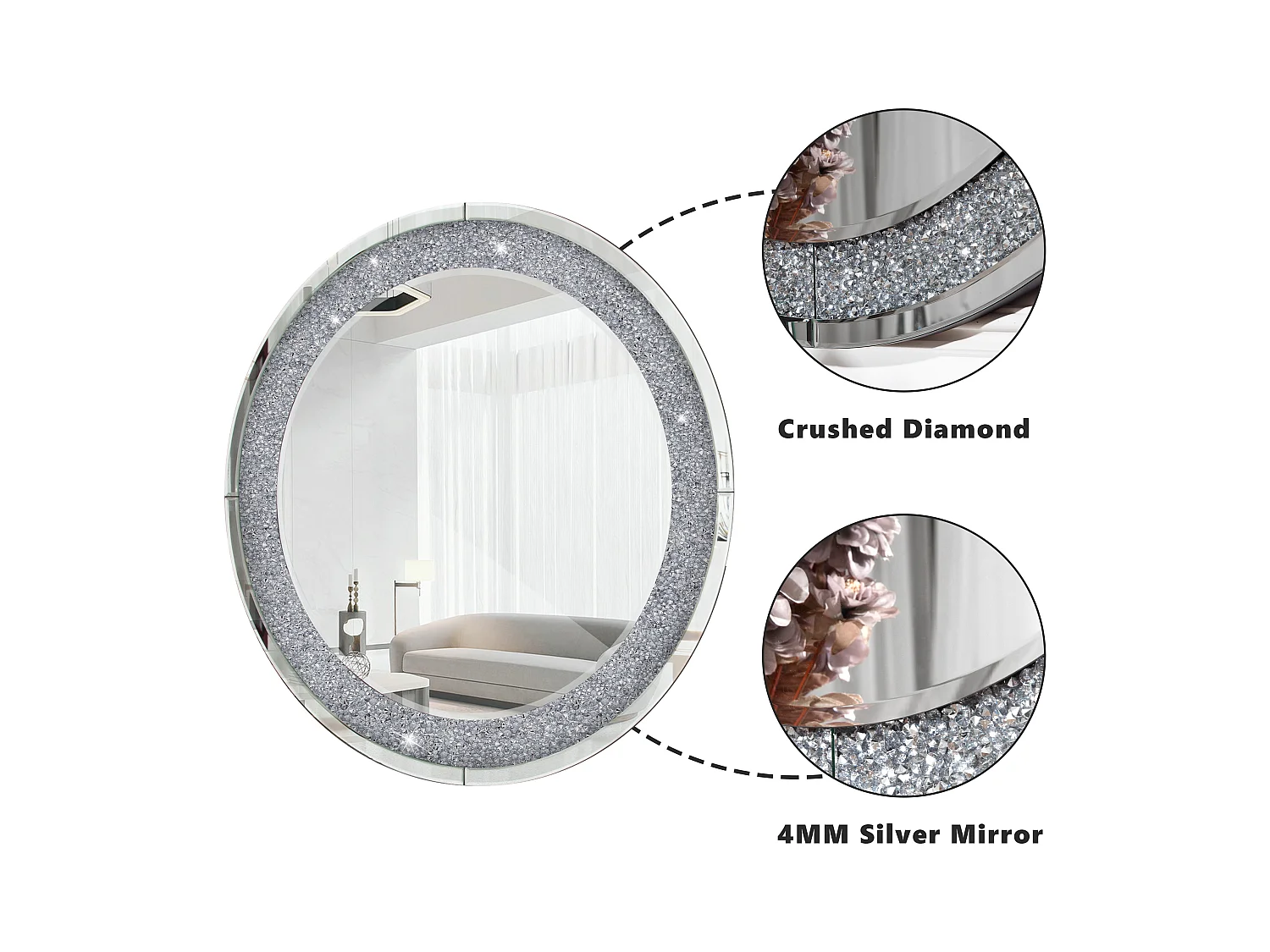 Espejo de pared redondo decorativo, marco de diamante triturado, MDF y cristal, color plata (80x2,8x80 cm)