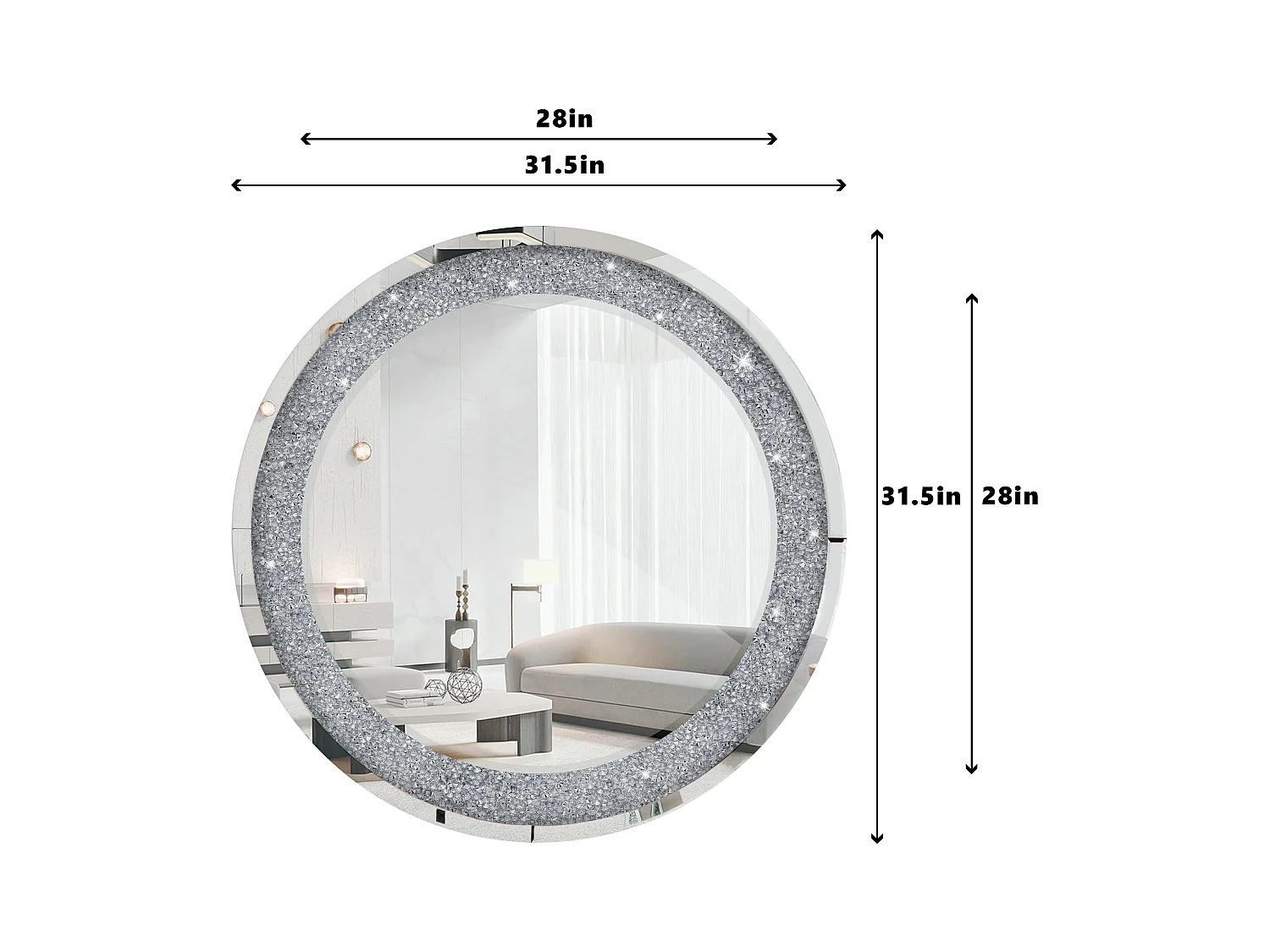 Espejo de pared redondo decorativo, marco de diamante triturado, MDF y cristal, color plata (80x2,8x80 cm)