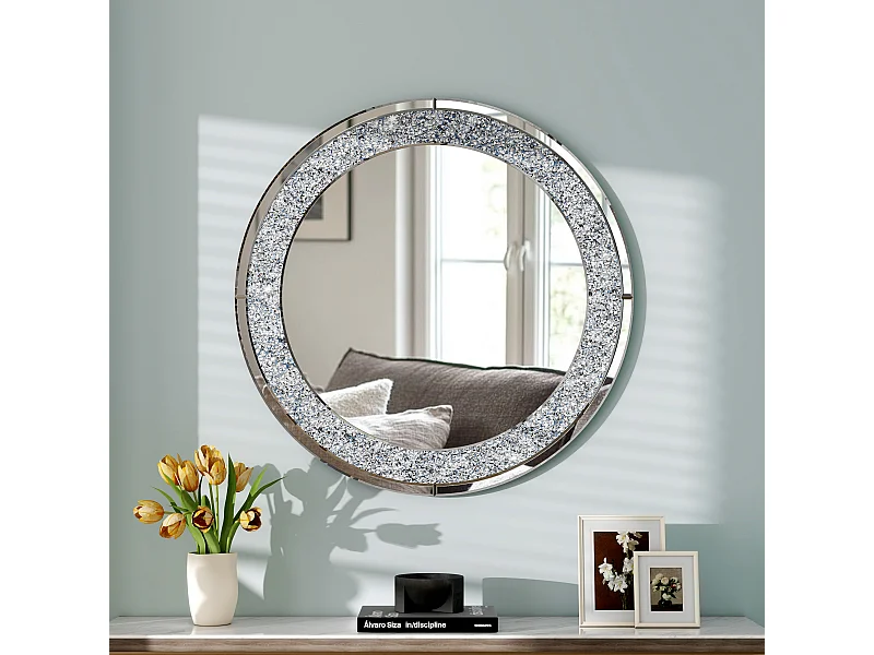 Miroir mural rond décoratif, cadre en diamant écrasé, MDF et verre, argenté (80x2.8x80 cm)