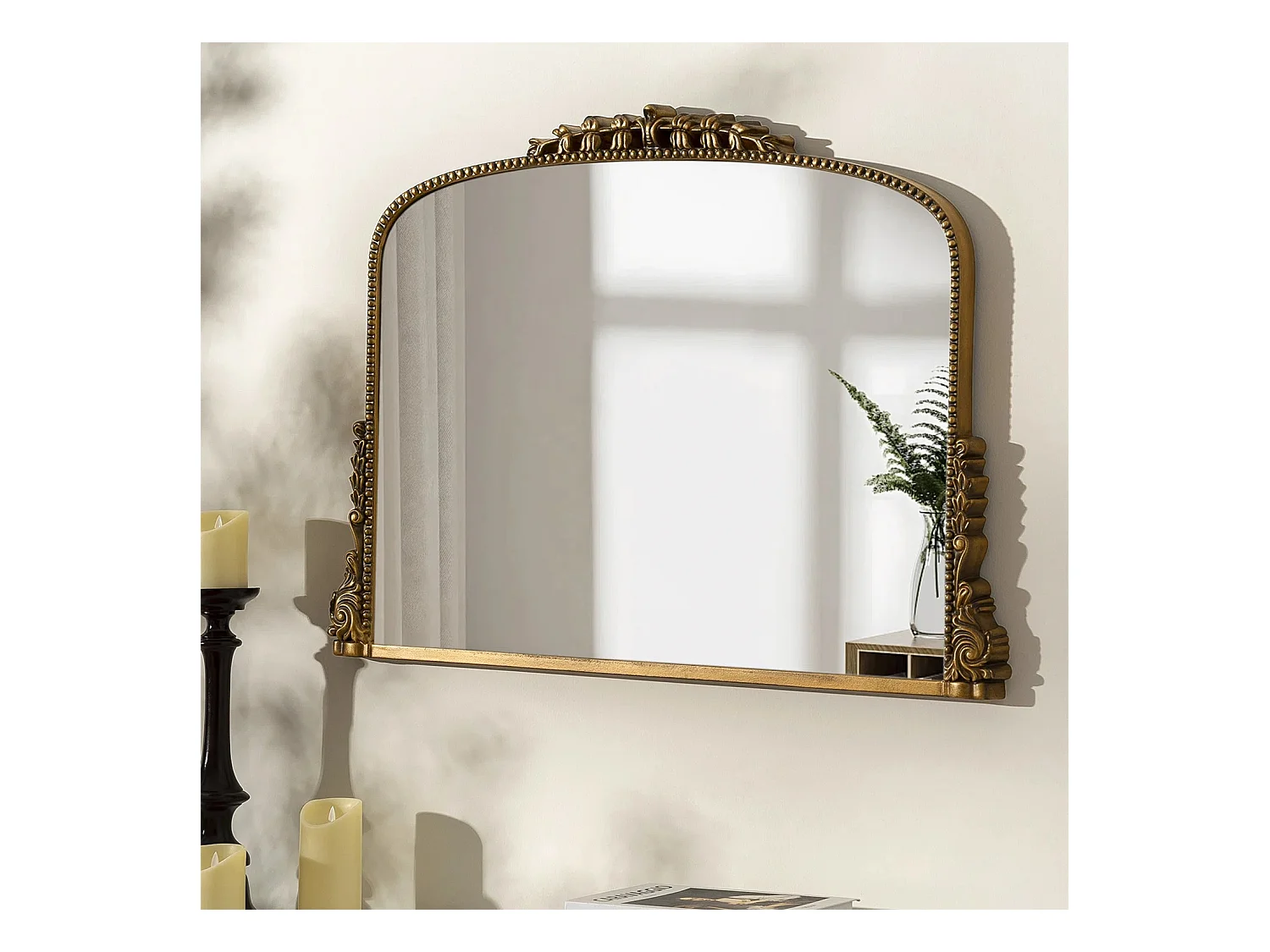 Miroir mural arqué vintage, cadre orné en résine, design baroque, or antique (88.8x4.7x65.4 cm)