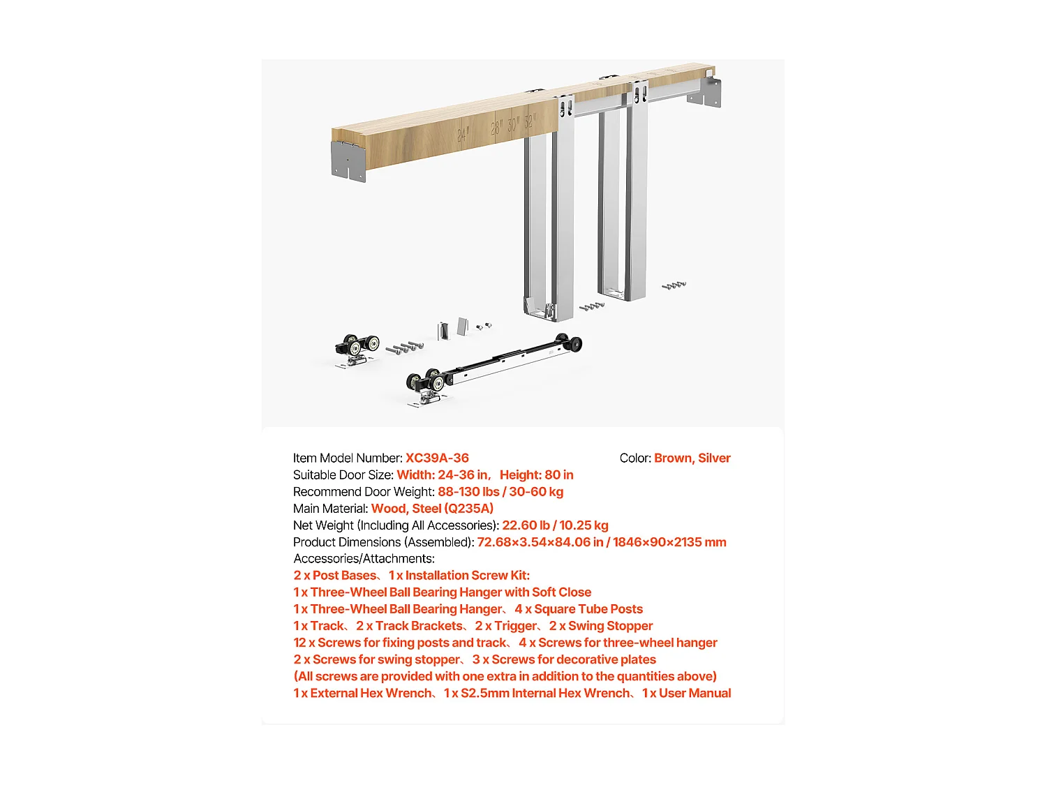 Kit de Contre-Châssis SucceBuy, pour Porte Coulissante 61-91,4 Cm de Largeur et 203,2 Cm de Hauteur, avec Mécanisme de Fermeture Douce Bidirectionnelle