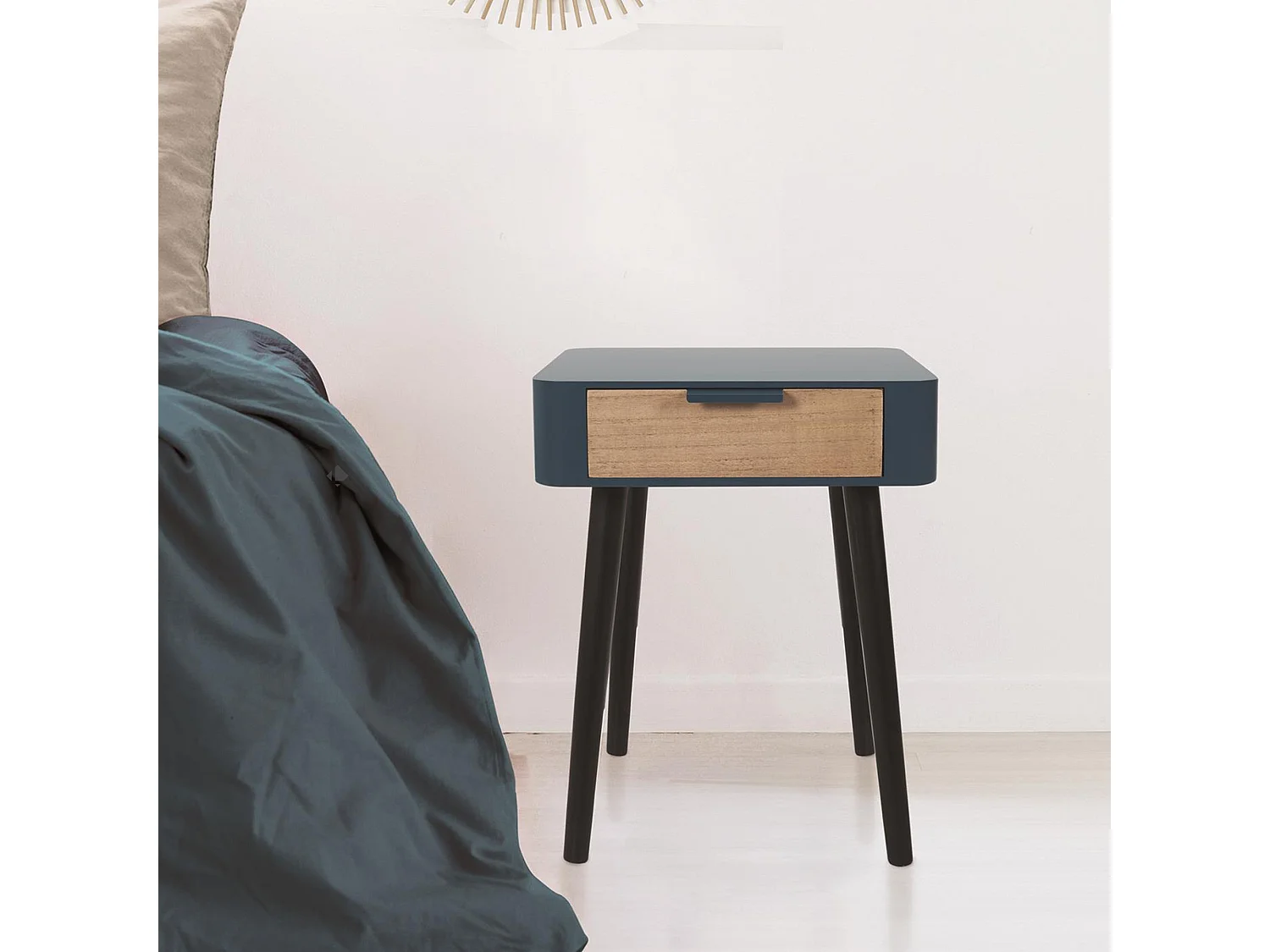 Table de chevet 1 tiroir en bois collection SHIREL bleu canard