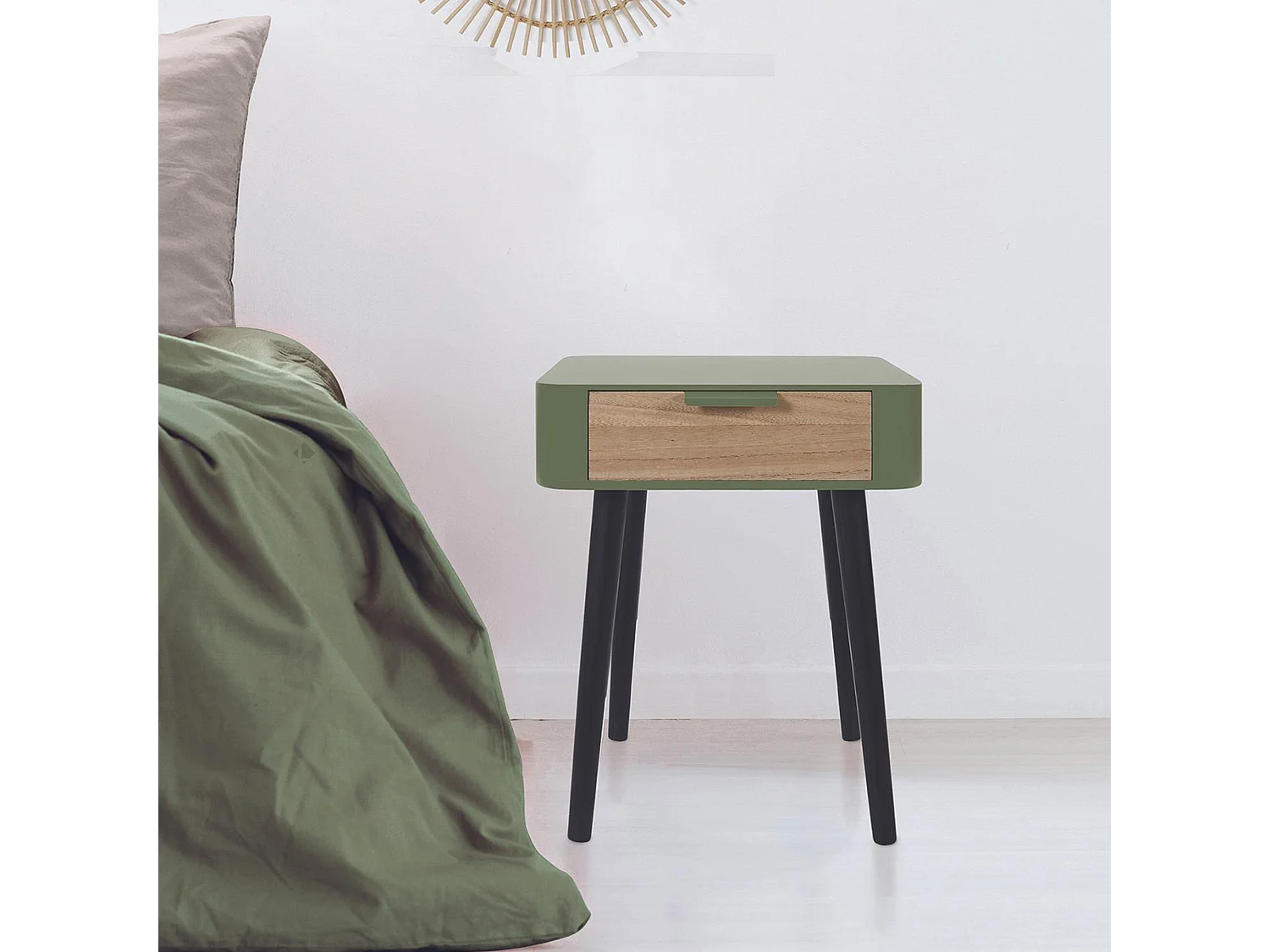 Table de chevet 1 tiroir en bois collection SHIREL vert kaki