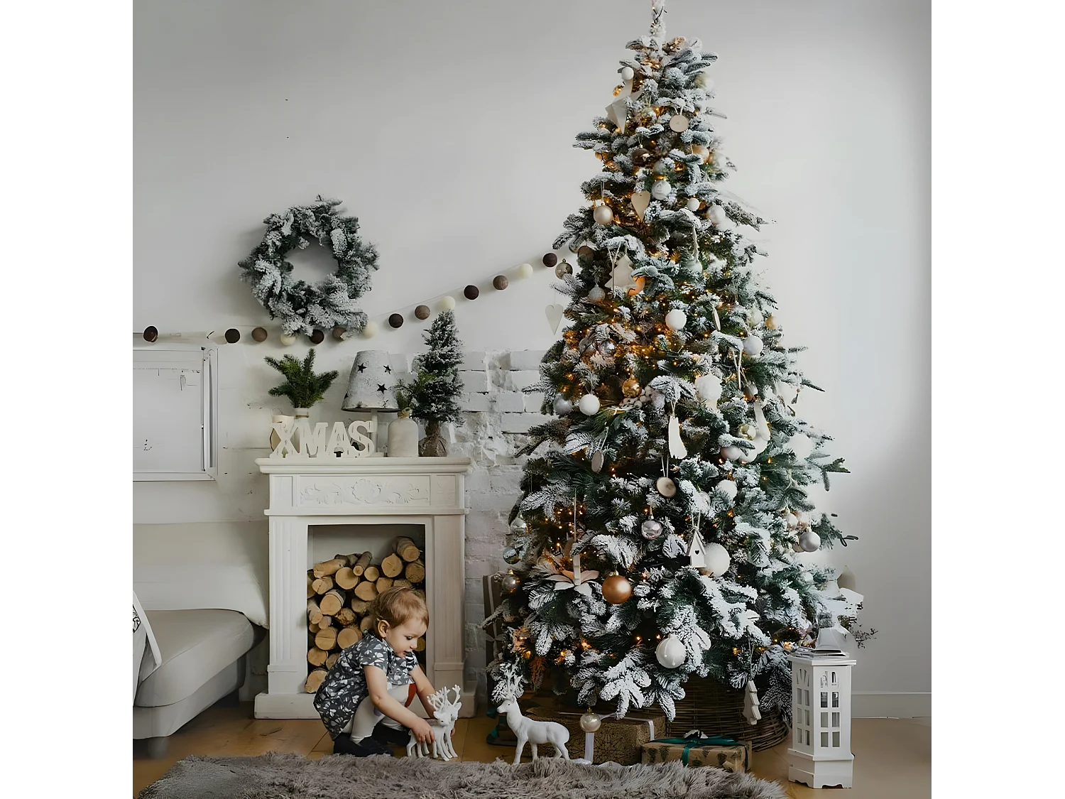 Moderne besneeuwde kerstboom "Astro" met grote LED's in PE + PVC + Flock 270 cm